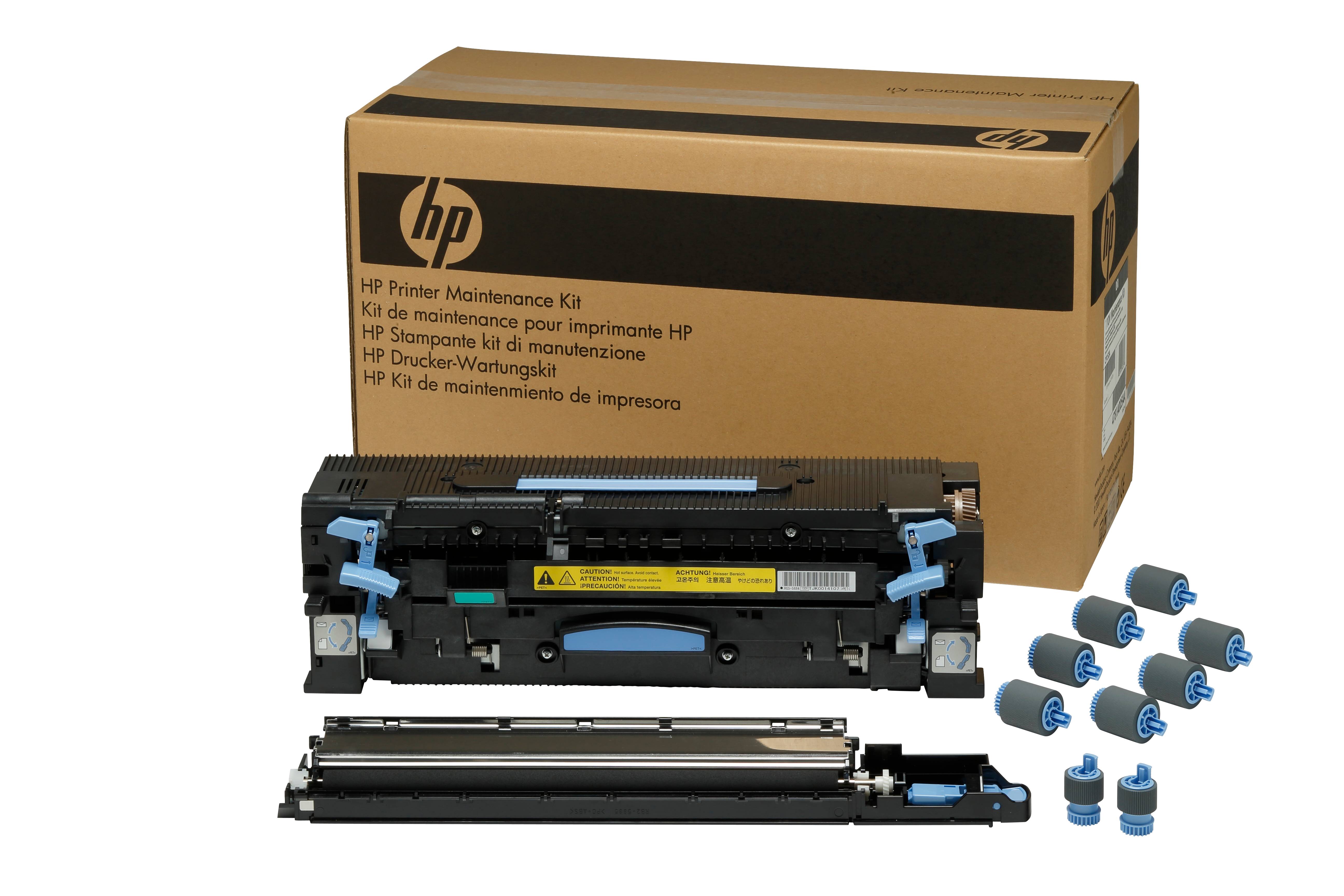 HP-Drucker-Wartungskit mit Ersatzrollen, Transfereinheit und Teilen, die vor der Schachtel angezeigt werden