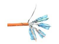 Querschnitt eines orangefarbenen Ethernet-Kabels mit freigelegten verdrehten blauen Drahtpaaren und einer Abschirmungslitze.