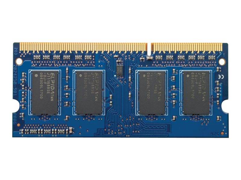 Blaues RAM-Speichermodul mit vier schwarzen Chips und vergoldeten Steckkontakten, dargestellt auf weißem Hintergrund.
