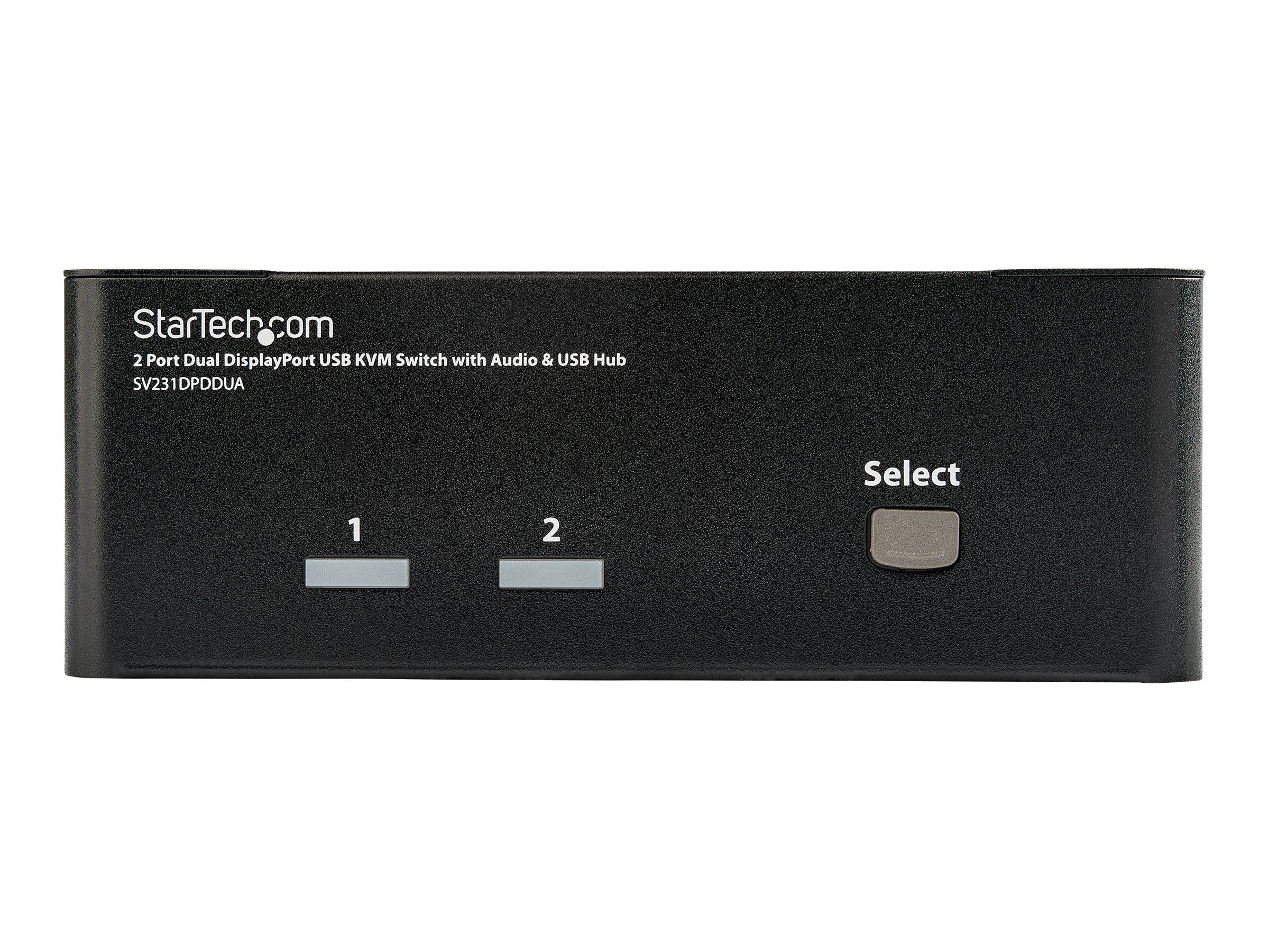 StarTech.com 2-Port Dual-DisplayPort-KVM-Switch mit Audio und USB-Hub, zeigt zwei Portindikatoren und eine Auswahlschaltfläche auf der Frontplatte.