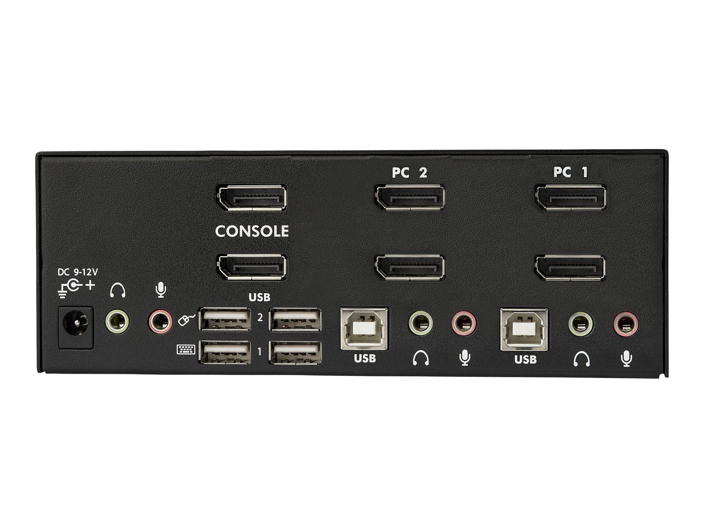 Frontplatte eines KVM-Switches mit HDMI-Anschlüssen, gekennzeichnet als KONSOLE, PC 2 und PC 1, sowie USB-, Audio-, Mikrofon- und Gleichstromstecker.