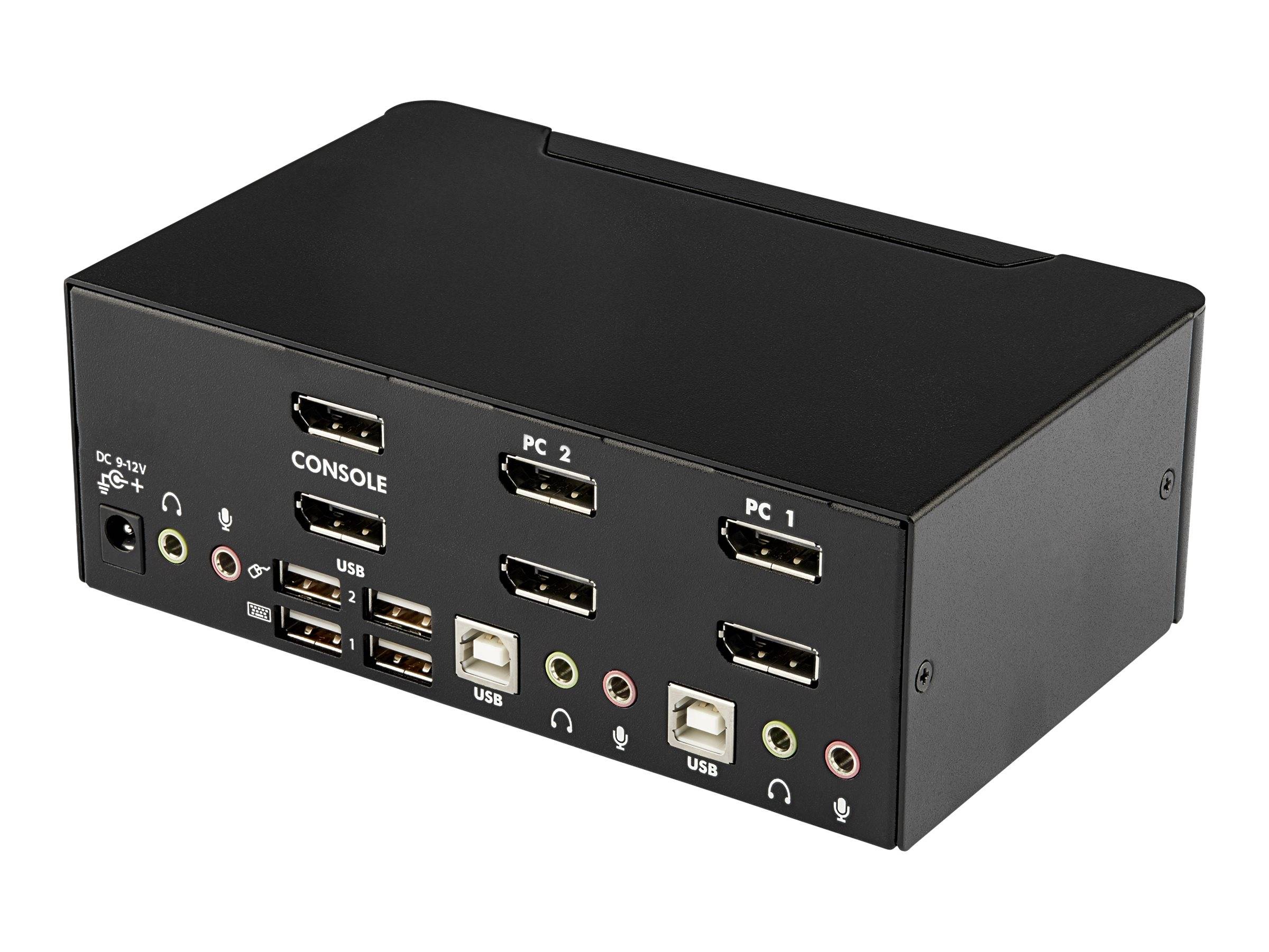 Schwarze 2-Port-USB-KVM-Umschalterbox mit Konsolen- und PC 1/PC 2-Anschlüssen zum Freigeben einer Tastatur, Maus und eines Displays zwischen zwei Computern.