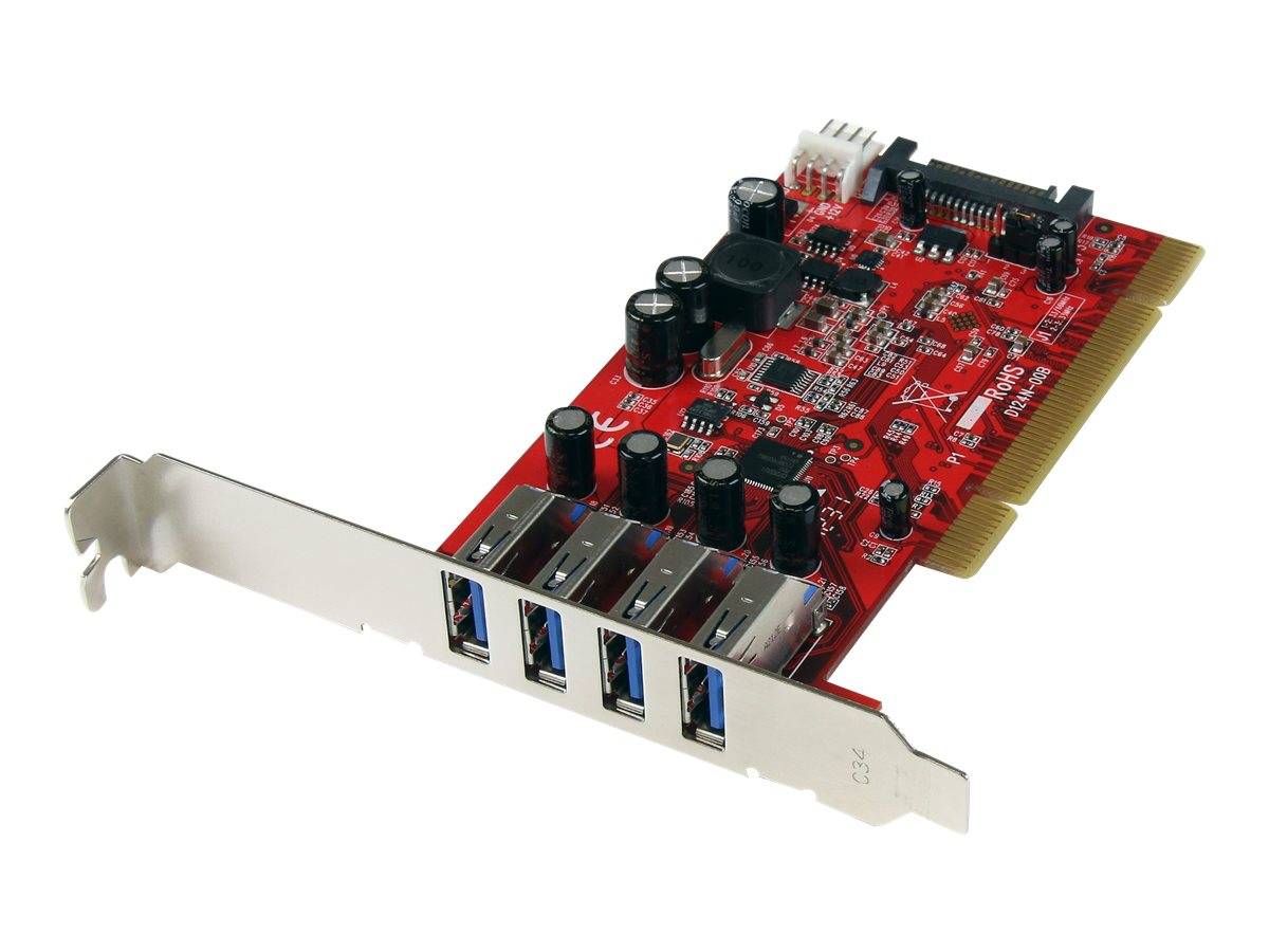 Rote Computererweiterungskarte mit vier USB-Anschlüssen und metallischer Montageklammer, gezeigt auf weißem Hintergrund.