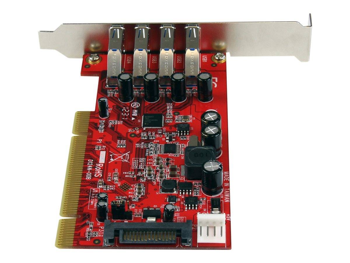 Rote PCI-Erweiterungskarte mit vier Metallrückanschlüssen, goldenem Kantenverbinder und mehreren Kondensatoren und Chips auf weißem Hintergrund.