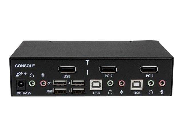 Vorderansicht eines schwarzen KVM-Konsolenschalters mit USB- und PC1/PC2-Anschlüssen, Audio-Buchsen und einem DC 9-12V-Stromeingang.