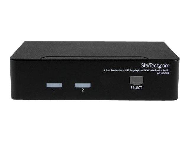 Black StarTech.com 2-Port-KVM-Switch mit USB und DisplayPort für professionelle Anwendungen mit Audio, Frontpaneltasten mit den Bezeichnungen 1, 2 und SELECT.