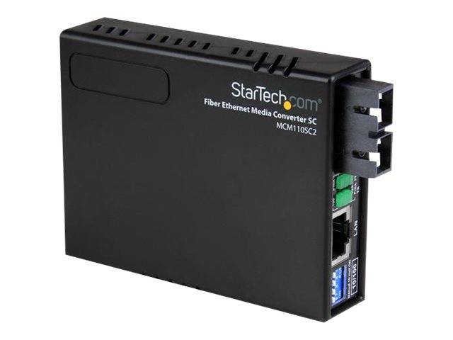 Black StarTech.com Fiber-Ethernet-Medienkonverter mit SC-Faserport und Ethernet-/Konsolports an der Seite