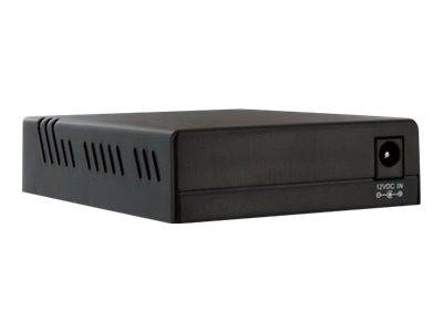 Schwarze elektronische Box oder Stromversorgungseinheit mit Belüftungsschlitzen und einem 12V-Gleichstromeingangauf der Vorderseite rechts.