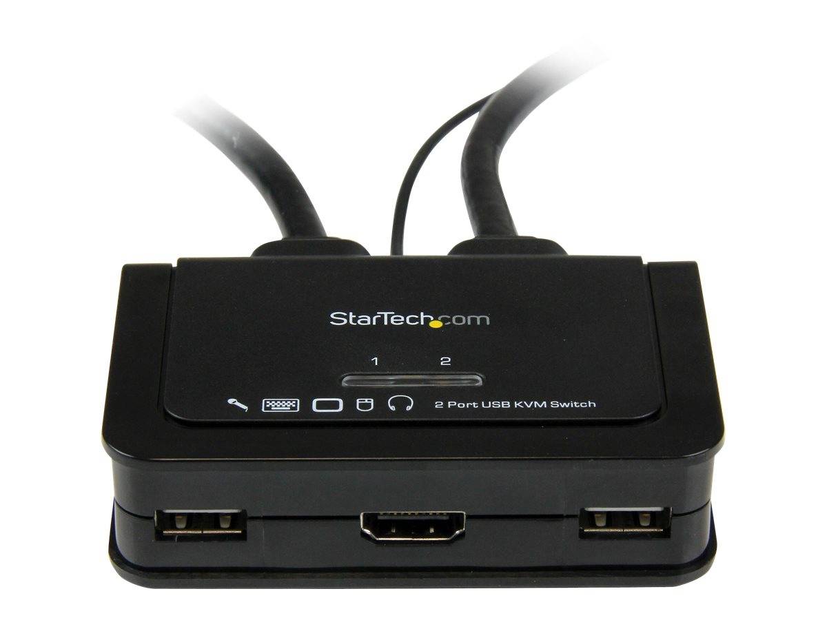 Black StarTech.com 2-Port USB KVM Switch mit angeschlossenen Kabeln, auf weißem Hintergrund dargestellt.