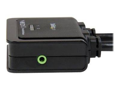 Schwarze Elektrogeräte-Box mit einem seitlichen Kabel und einem grünen Rundanschluss auf der Vorderseite.