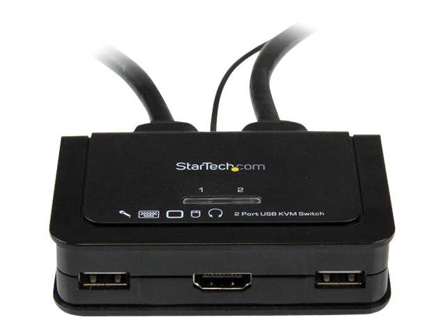 Black StarTech.com 2-Port USB KVM-Schalter mit angeschlossenen Kabeln, wird verwendet, um zwei Computer mit einer Tastatur, einer Maus und einem Monitor zu steuern