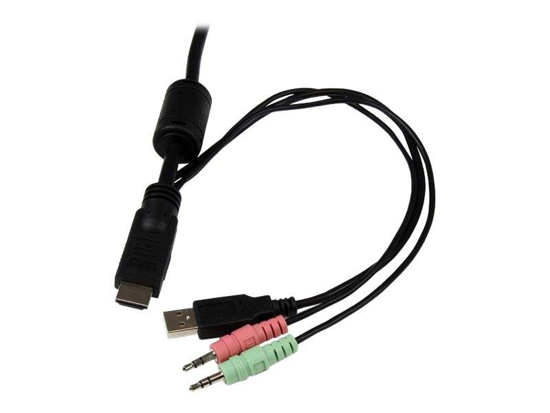 USB-Kabel mit HDMI-ähnlichem Anschluss und rosa/grünen 3,5-mm-Audiosteckern auf weißem Hintergrund.