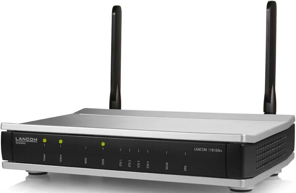 Ein silberner und schwarzer Router mit einer einzelnen Antenne und Statusleuchten, beschriftet mit 'LANCOM 1781EW+'.