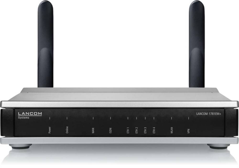 Ein silberner drahtloser Router mit mehreren Antennen und Signalleuchten für Stromversorgung, Internet, LAN und VPN-Verbindungen.