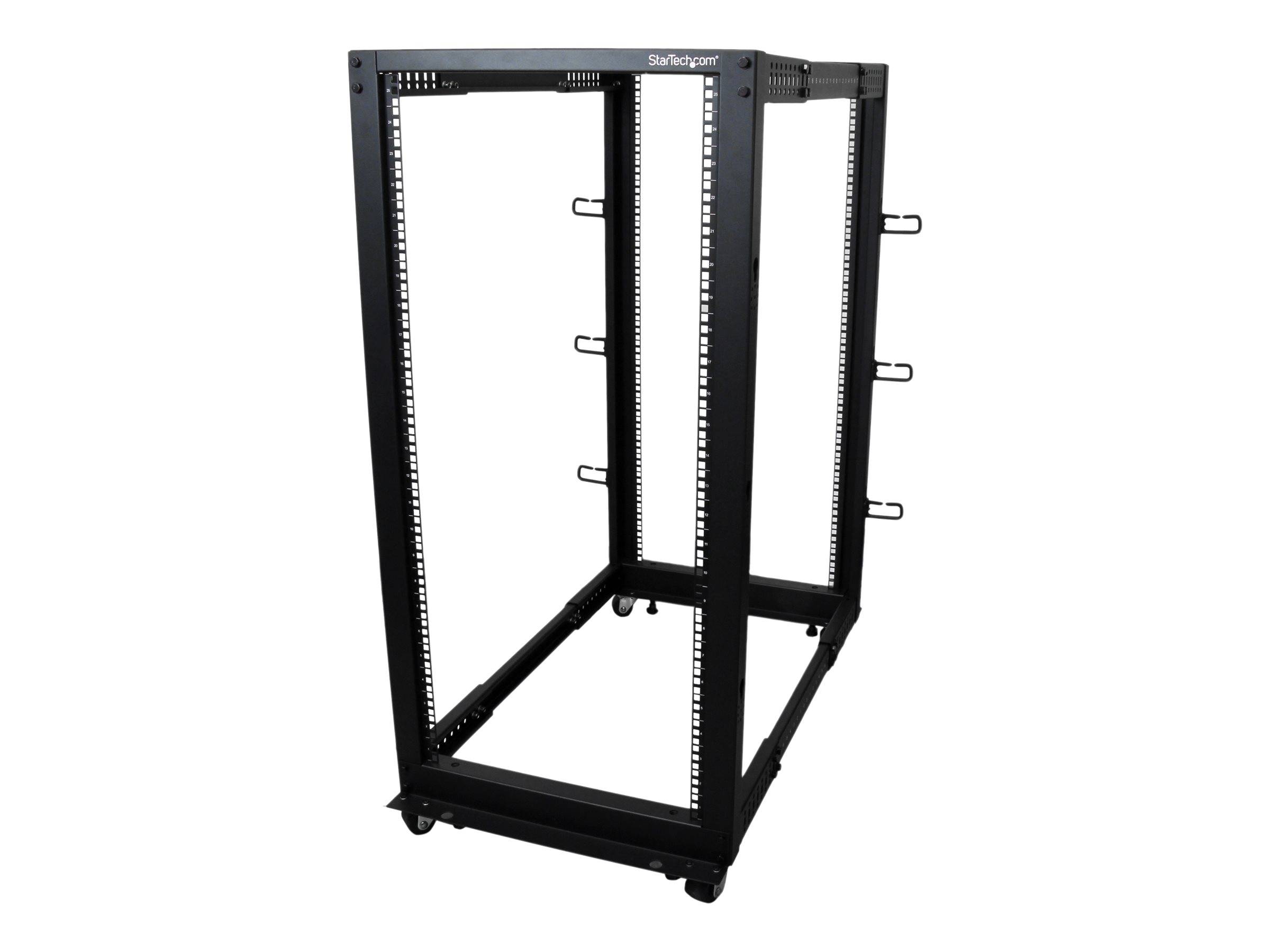 STARTECH.COM 25U Adjustable Depth Open Frame 4 Post Server Rack w/ Casters Levelers and Cable Management Hooks