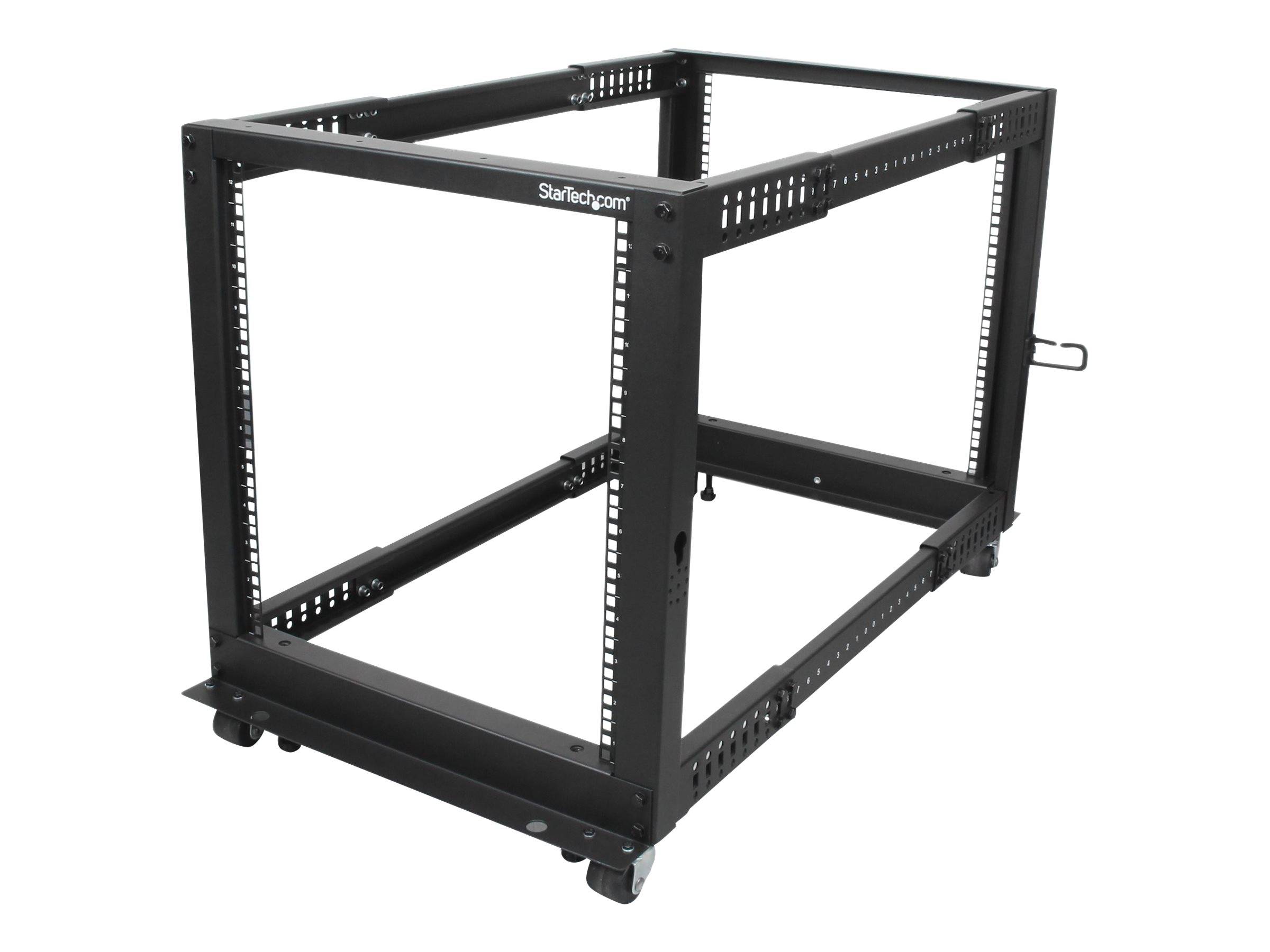 Schwarzes offenes Server-Rack-Gehäuse auf Rollen mit verstellbaren Schienen und Seitengriffen, dargestellt vor weißem Hintergrund.