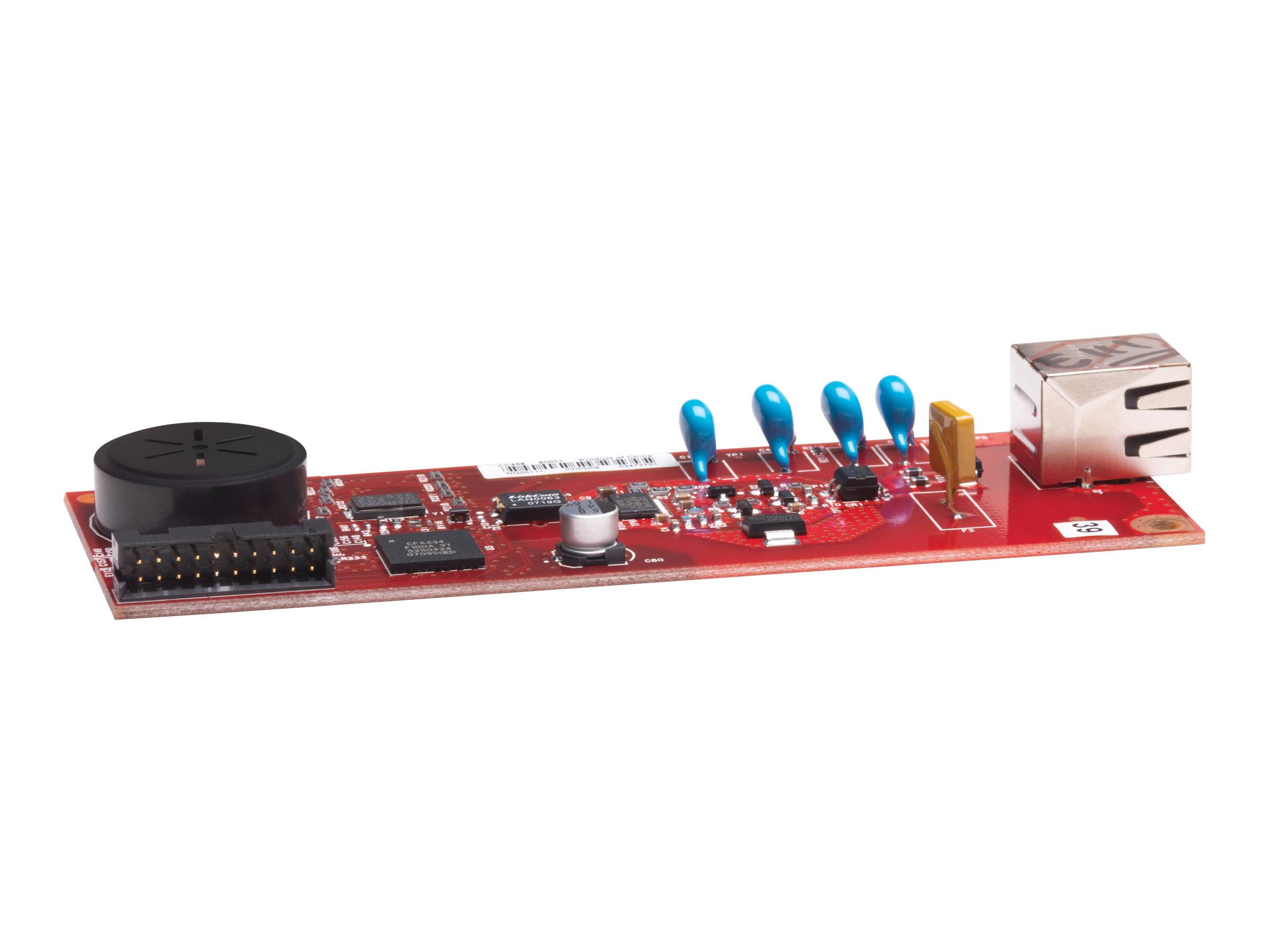 Rote elektronische Leiterplatte mit einem großen schwarzen Summer, blauen Komponenten und einem Ethernet-Anschluss auf der rechten Seite.