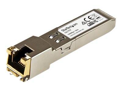 Ethernet-SFP-Transceiver-Modul mit Metallgehäuse und RJ45-ähnlichem Anschluss, gekennzeichnet mit StarTech.com, auf weißem Hintergrund dargestellt.