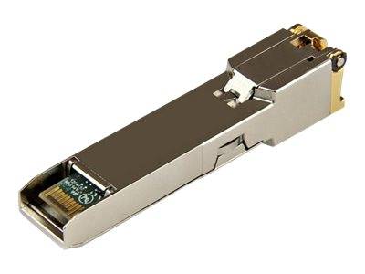 Metallisches Lichtwellenleiter-Transceiver-Modul mit Stecker und freiliegender Leiterplatte auf weißem Hintergrund.