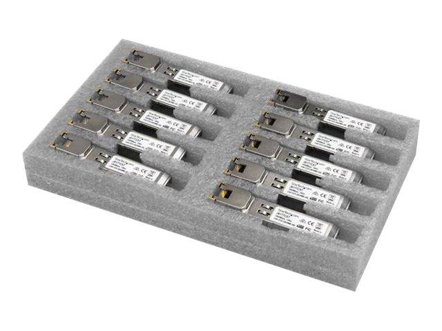 Schaumstoff-Tablett mit 10 kleinen Metall-Elektronikmodulen mit Beschriftungen, angeordnet in zwei Reihen in schützender Verpackung.
