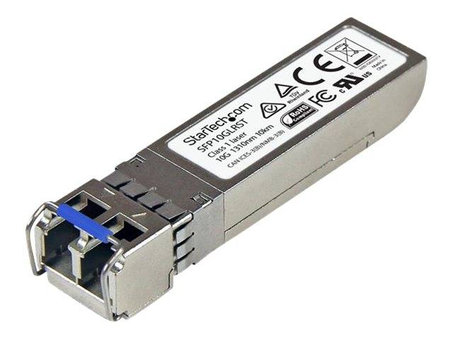 Kleines StarTech.com SFP+ Transceiver-Modul mit Metallgehäuse und blauem Zuglelasche, dargestellt auf weißem Hintergrund.