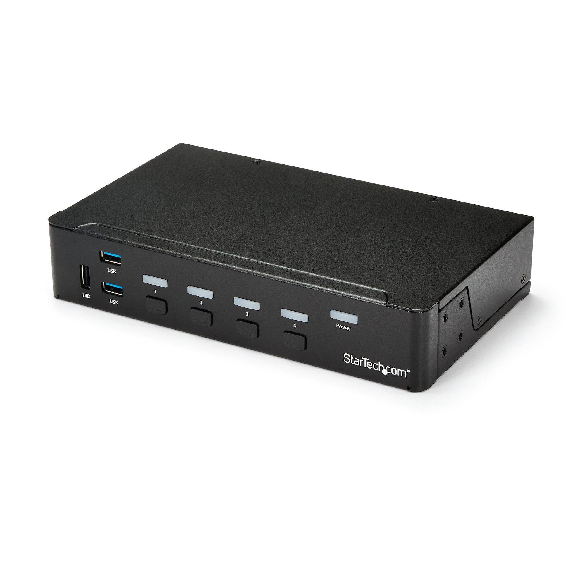 Black StarTech 4-Port-USB-Schalterbox mit vorderen USB-A-Anschlüssen, nummerierten Wählertasten und Ein-/Ausschalter auf weißem Hintergrund