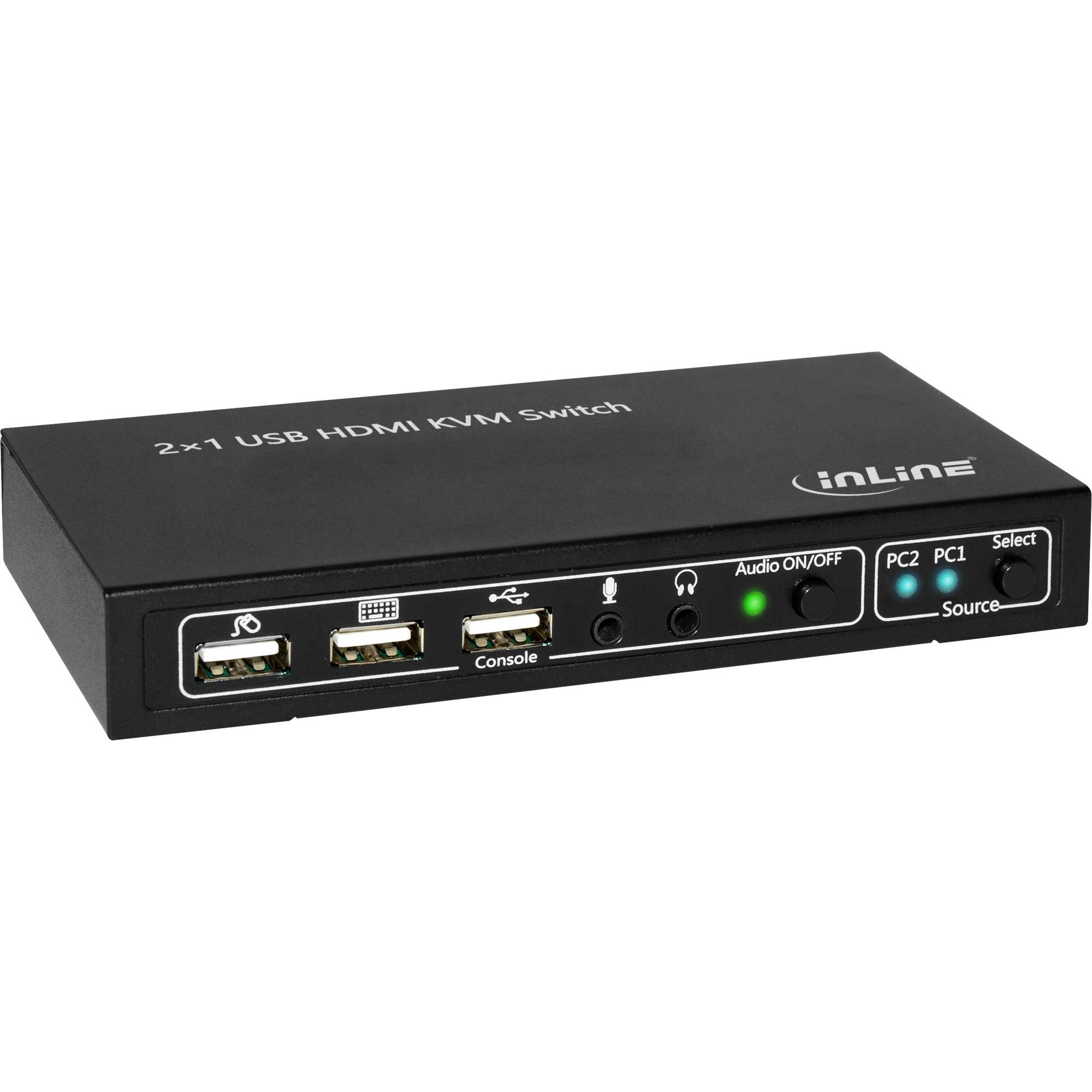 Schwarz 2x1 USB HDMI KVM-Schalter mit vorderen Anschlüssen, Audioreglern, Quelltasten für PC1 und PC2 und Status-LEDs.
