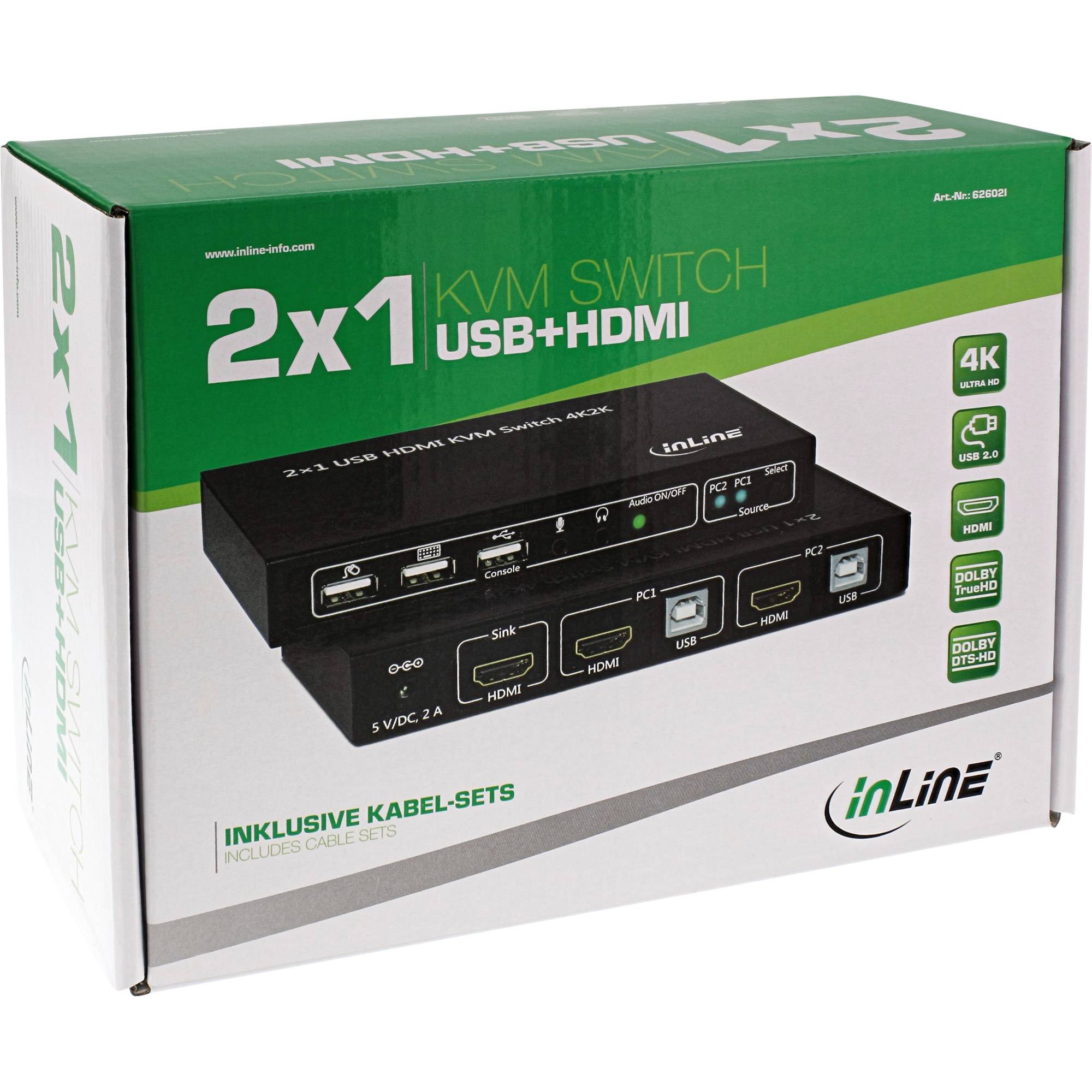 Karton eines inLine 2x1 KVM-Switches USB+HDMI, zeigt ein schwarzes Schaltgerät und 4K-, USB 2.0-, HDMI- und Dolby-Logos auf der Verpackung.