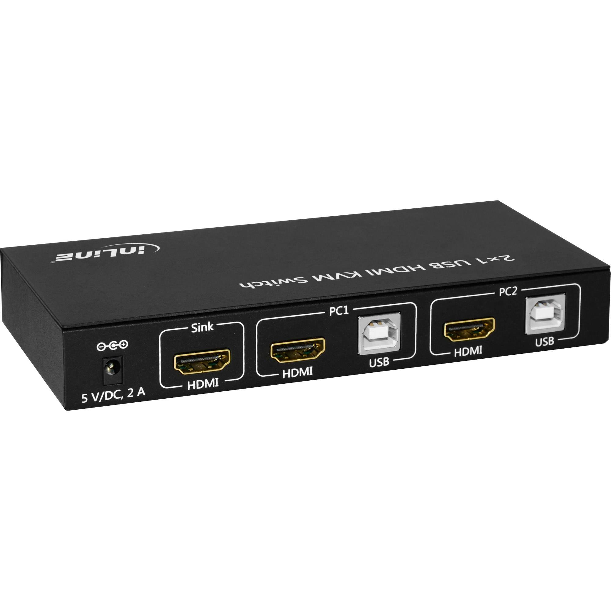 Schwarze 2x1 HDMI USB-Umschalterbox mit Anschlüssen mit den Bezeichnungen 