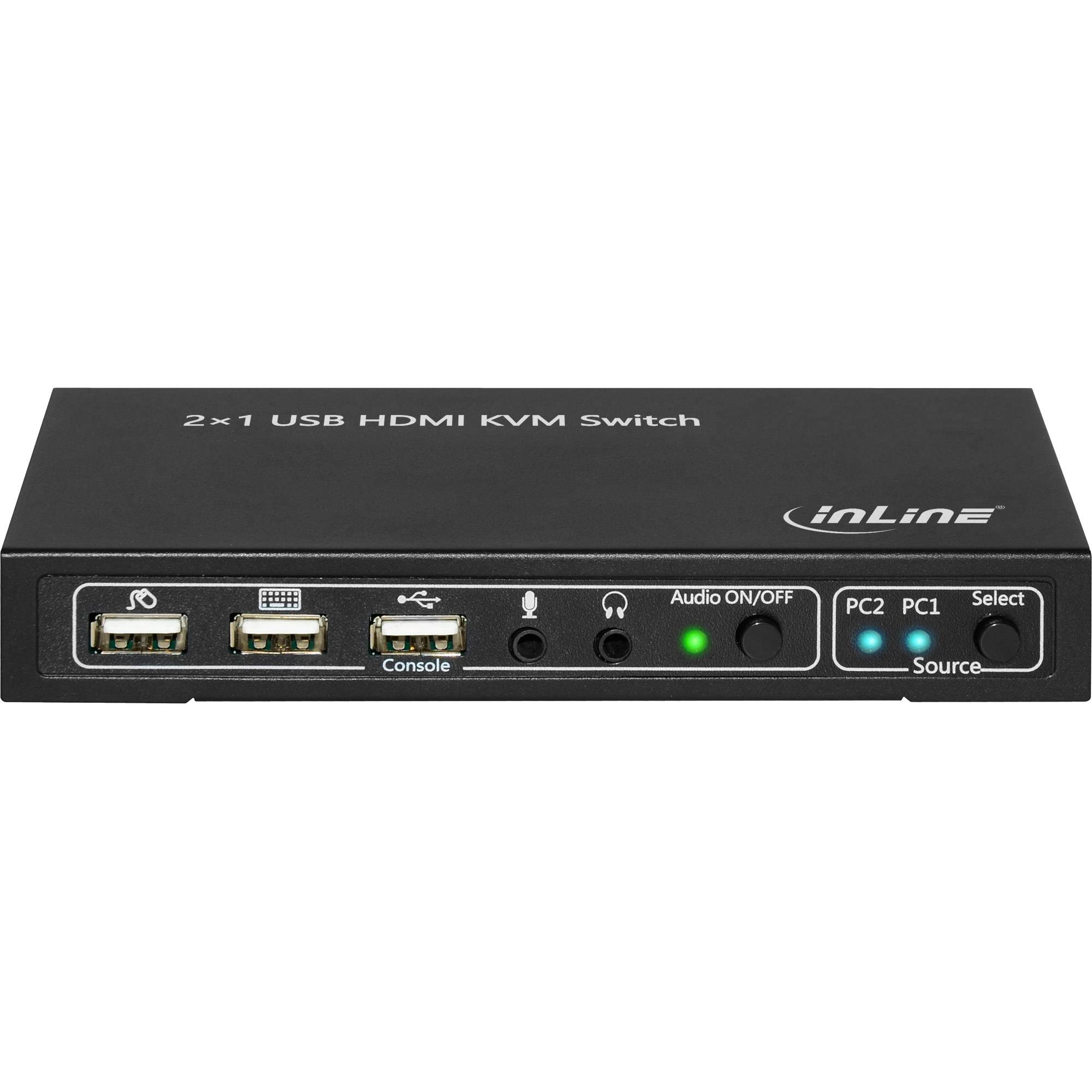 Frontansicht eines 2x1 USB HDMI KVM-Schalters mit Konsolenschnittstellen, Audio-Ein/Aus-Taste, PC1/PC2-Quellenanzeigen und Auswahlschaltfläche.
