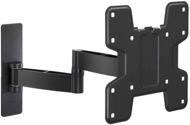 Schwarze Wandhalterung für Flachbildschirm-Fernseher mit verstellbarem Arm zum Positionieren und Neigen.