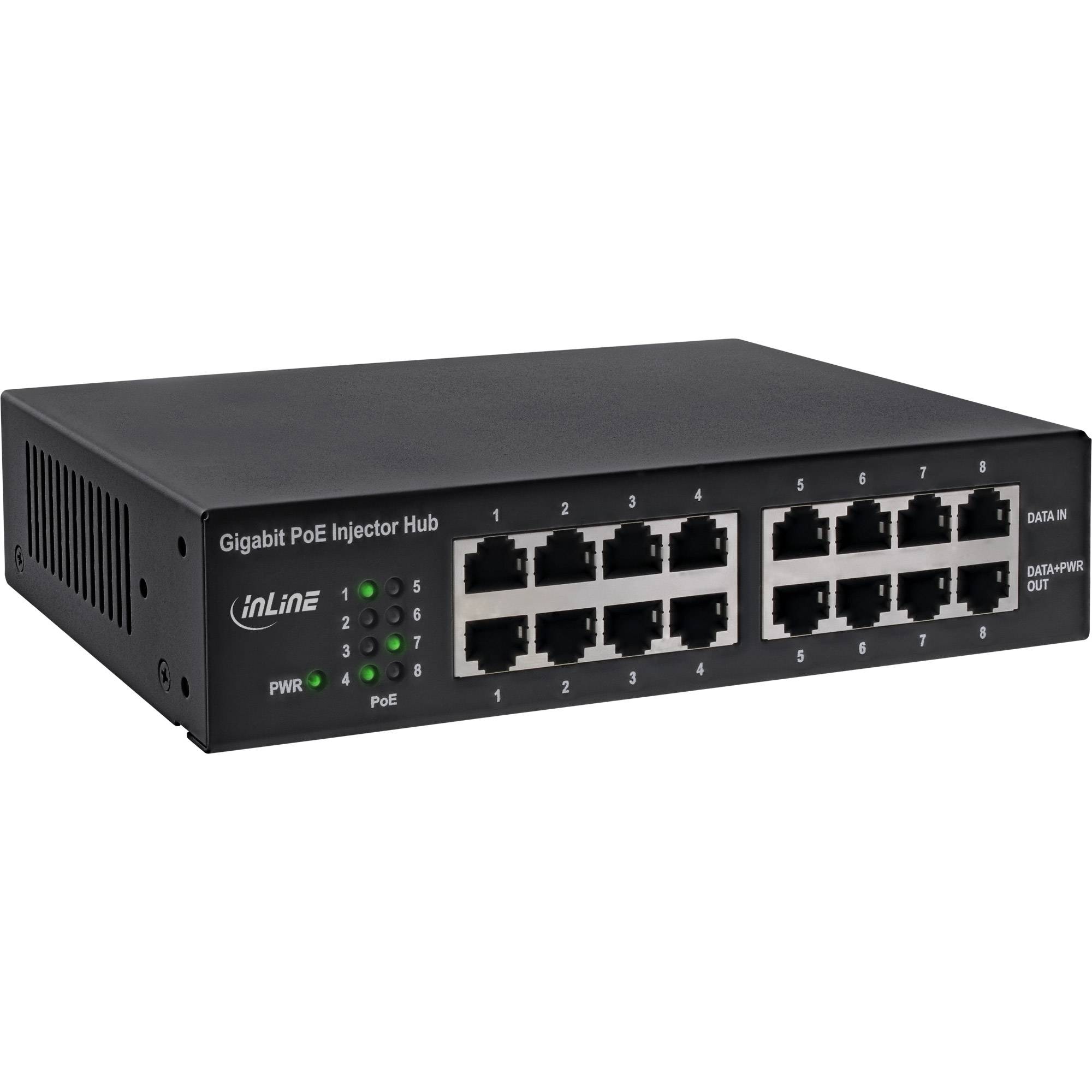 INLINE - PoE+ Gigabit Injektor Hub 8 Port (8x PoE+) - 1Gb/s - 19"" 1HE - lüfterlos