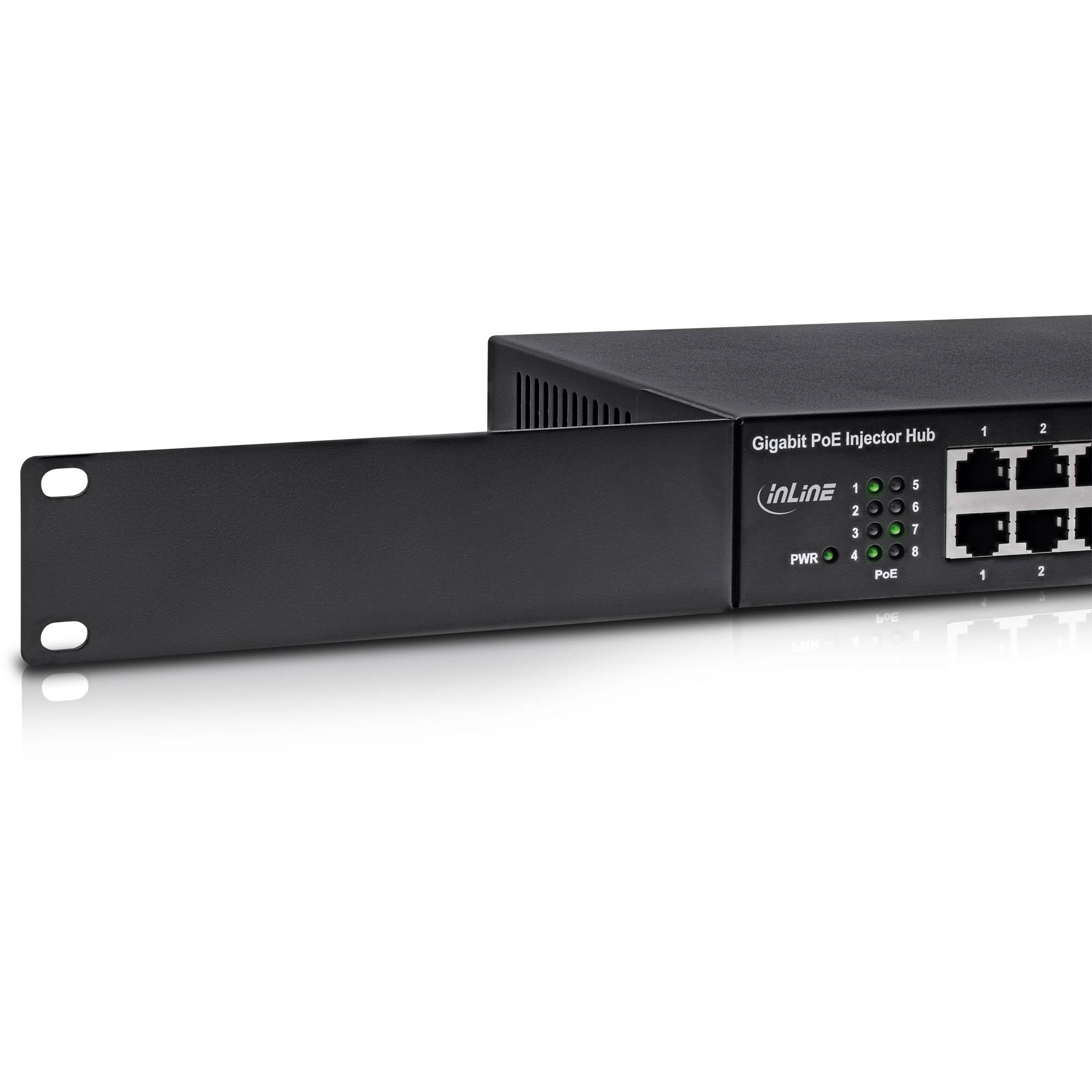 INLINE - PoE+ Gigabit Injektor Hub 8 Port (8x PoE+) - 1Gb/s - 19"" 1HE - lüfterlos