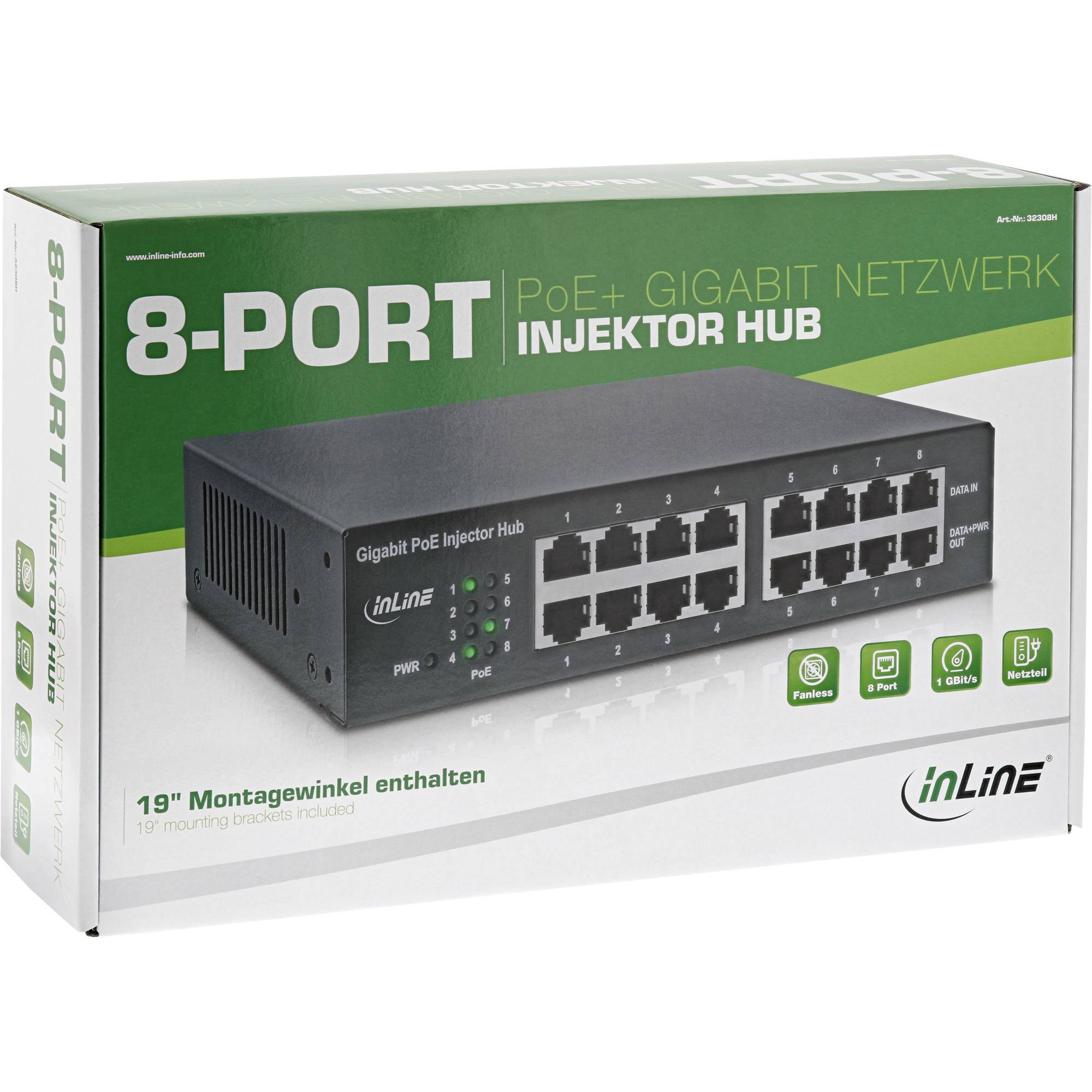 INLINE - PoE+ Gigabit Injektor Hub 8 Port (8x PoE+) - 1Gb/s - 19"" 1HE - lüfterlos