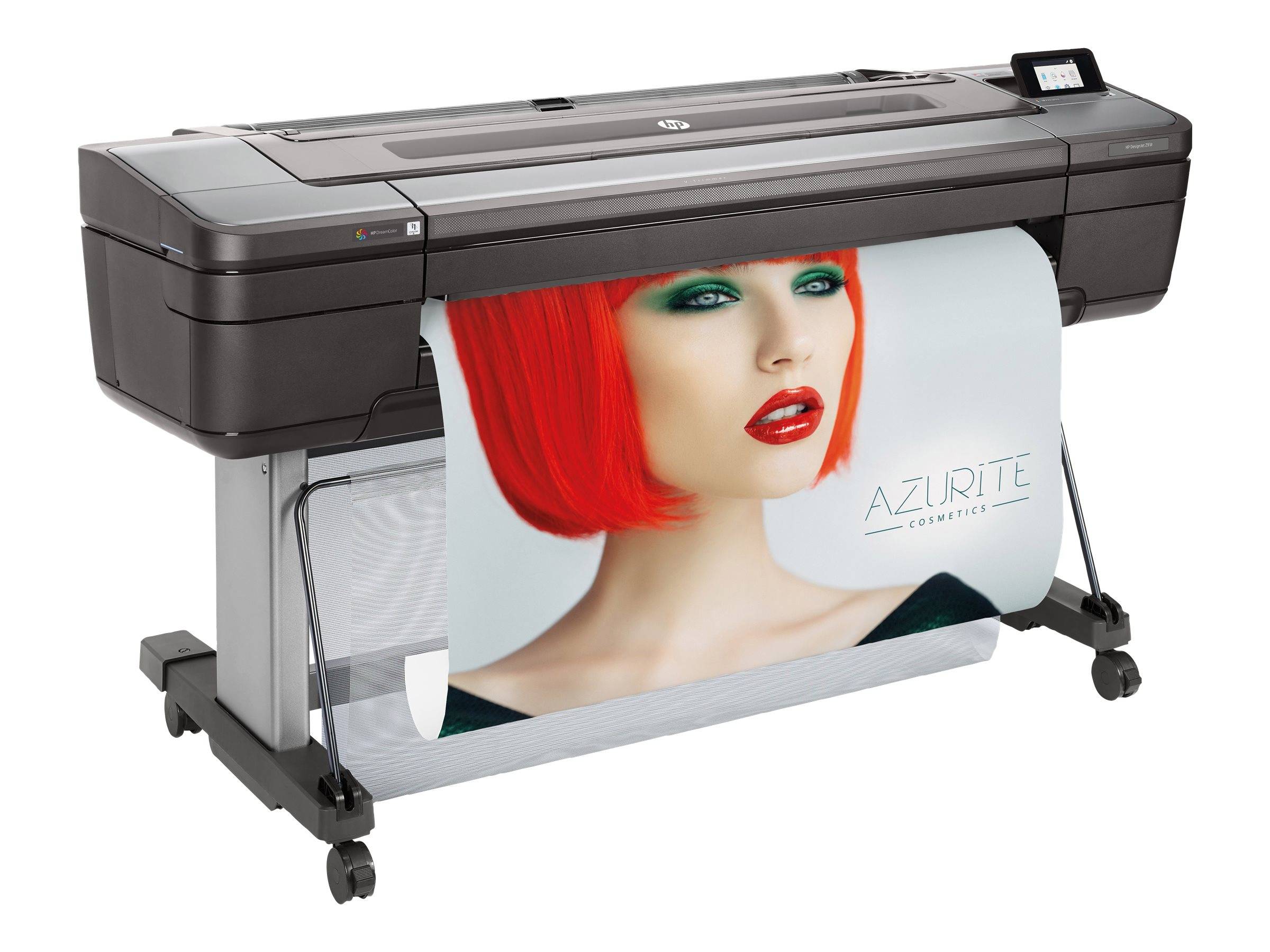 Großformatdrucker, der ein lebendiges Plakat einer Frau mit roten Haaren und dem Text „AZURITE