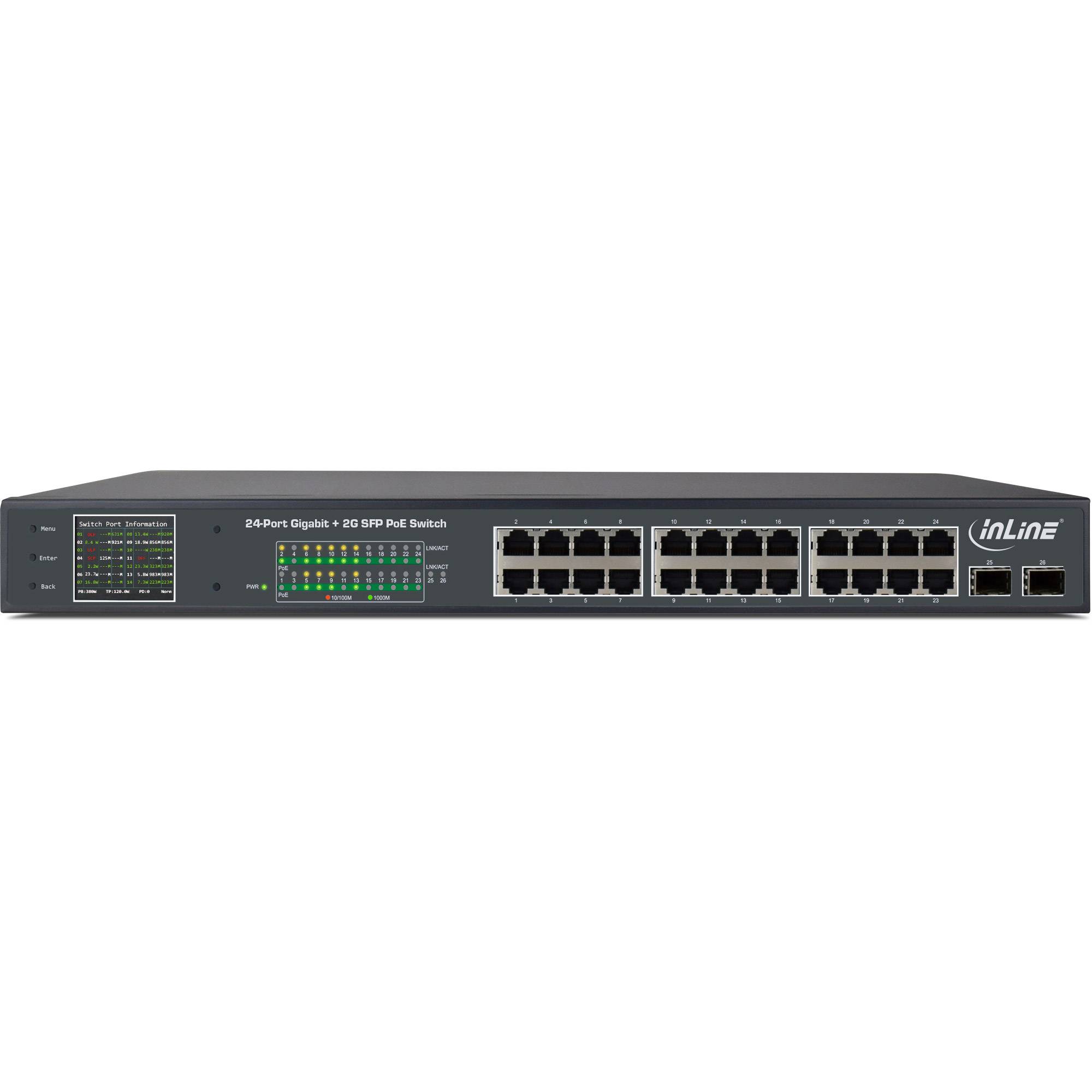 INLINE - PoE+ Gigabit Netzwerk Switch 24 Port - 1Gb/s - 2xSFP,19""1HE (inkl. Winkel)