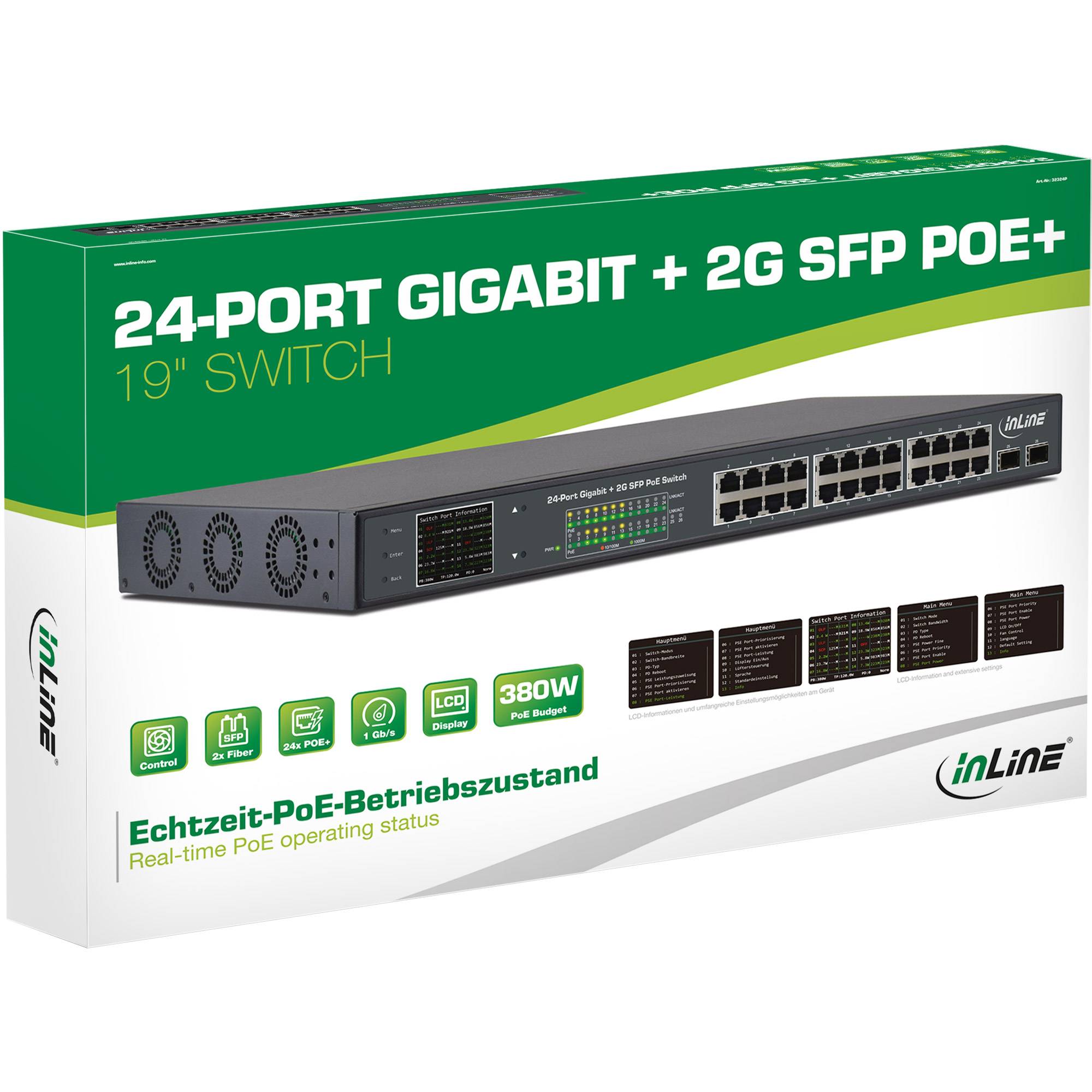 INLINE - PoE+ Gigabit Netzwerk Switch 24 Port - 1Gb/s - 2xSFP,19""1HE (inkl. Winkel)