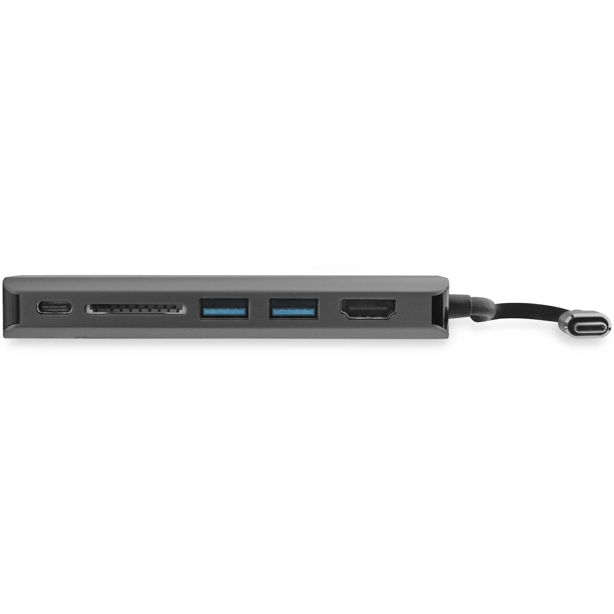 Seitenansicht eines USB-C-Hubs mit mehreren Anschlüssen, einschließlich HDMI, zwei USB-A-Anschlüsse, SD- und microSD-Kartensteckplätze sowie ein USB-C-Steckerverbindungskabel.