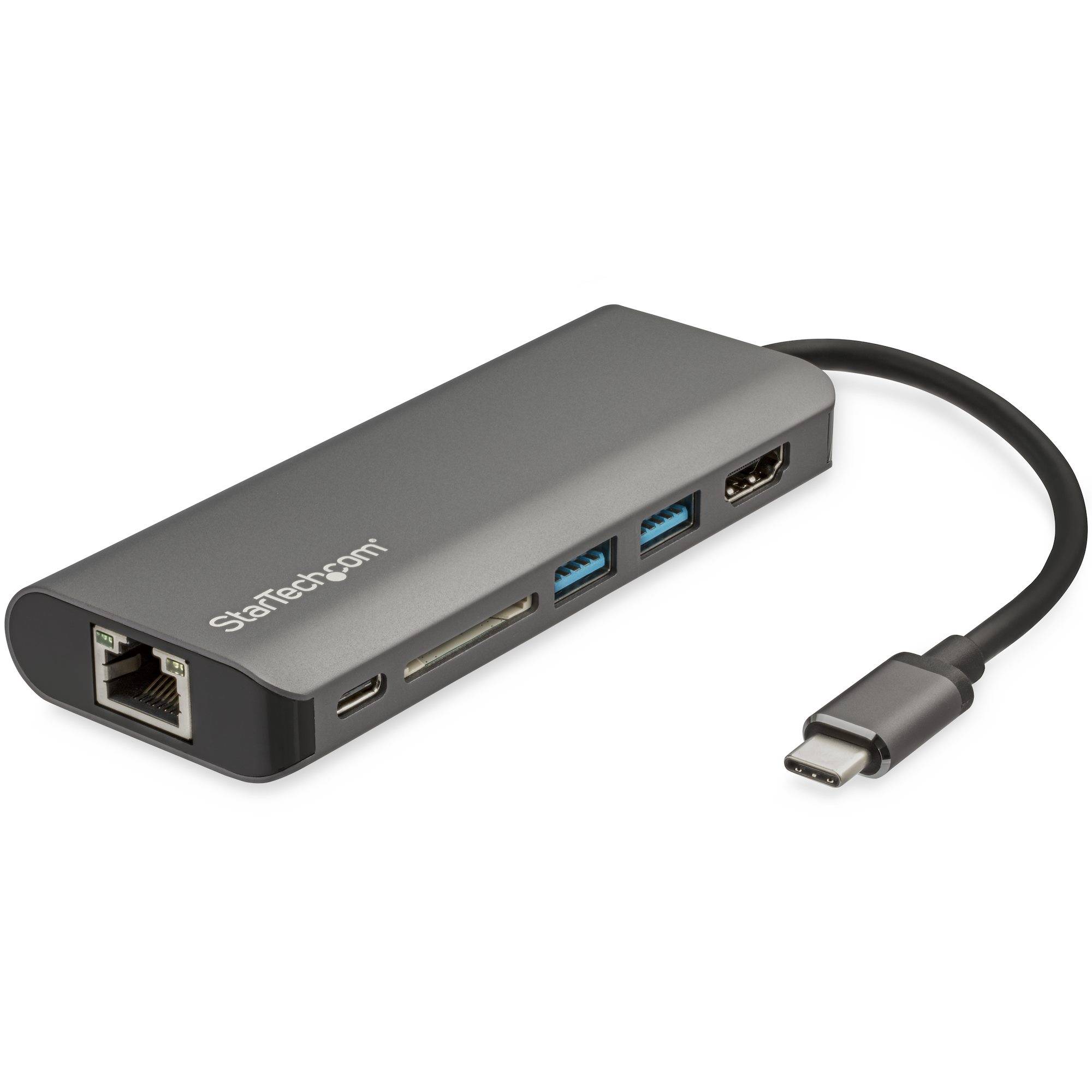 USB-C-Multianschlussadapter mit Ethernet, HDMI, USB-A- und USB-C-Anschlüssen, dargestellt mit angeschlossenem Kabel.