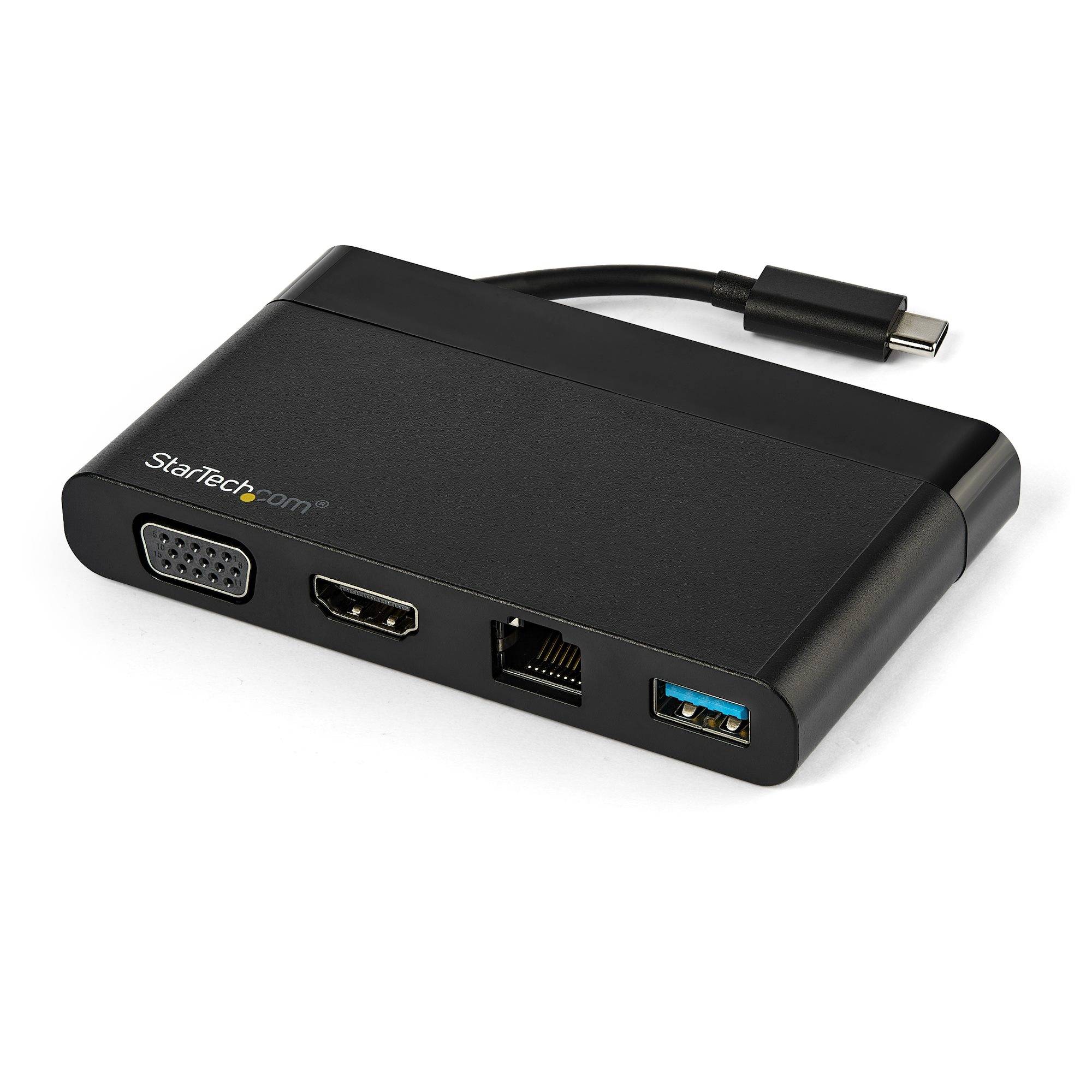 Black StarTech USB-C Adapter/Hub mit VGA, HDMI, Ethernet und USB-A Anschlüssen auf weißem Hintergrund.