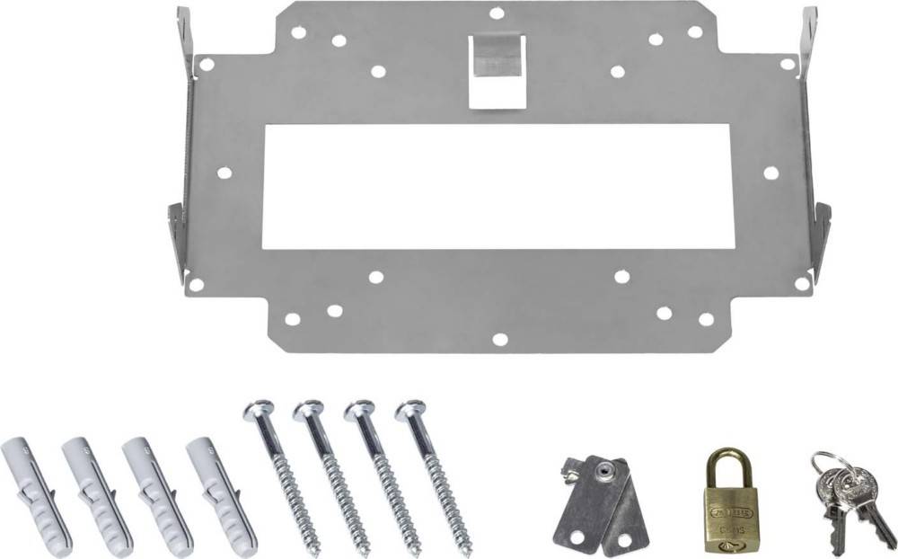 Eine Metallbefestigungshalterung mit Schrauben, Dübeln und einem kleinen Schloss an der Seite. Wird zum sicheren Befestigen von Gegenständen an Wänden verwendet.