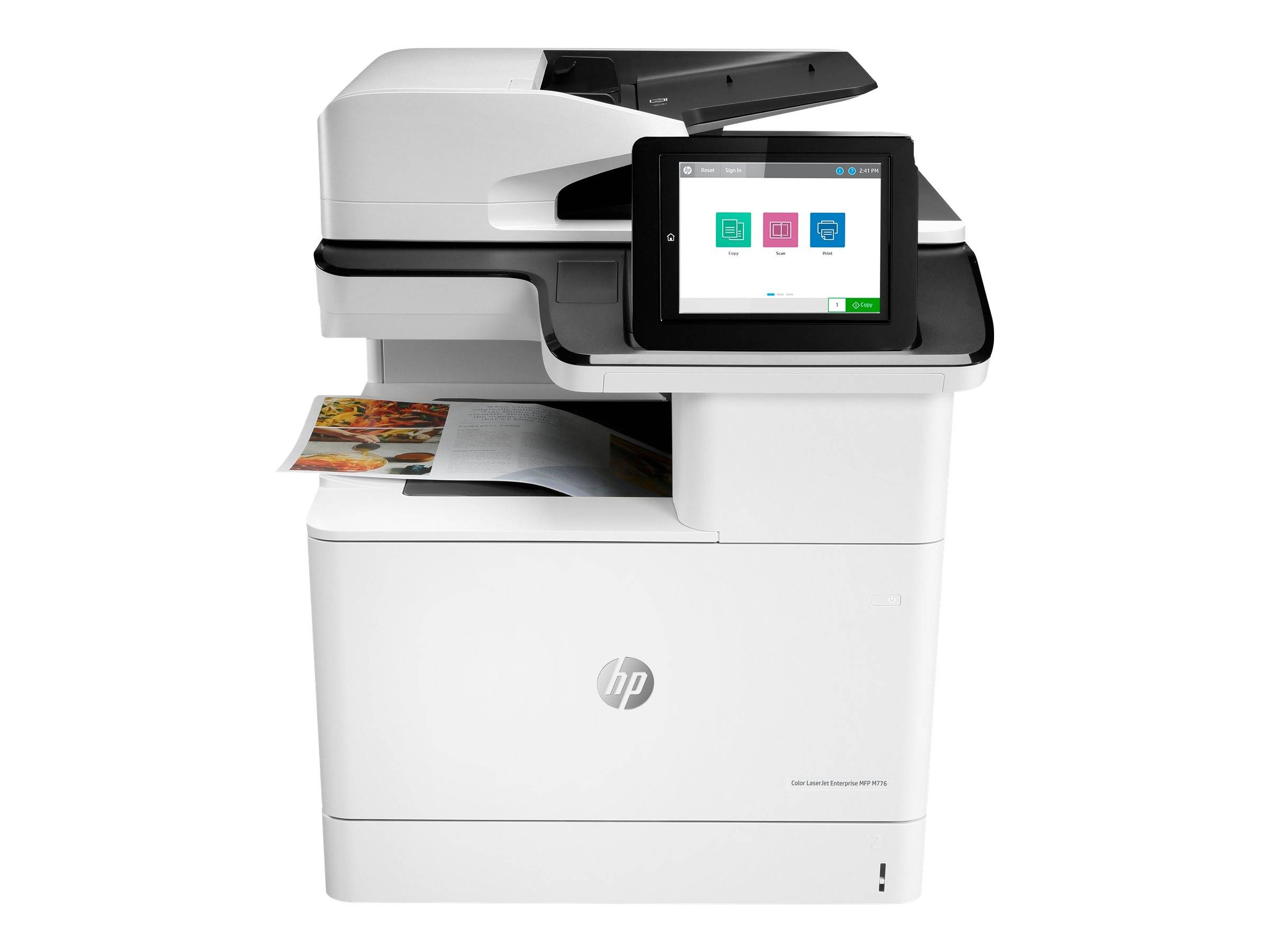 HP-Multifunktionsdrucker mit Touchscreen-Display, das Scannen und Drucken einer Farbseite auf weißem Hintergrund.