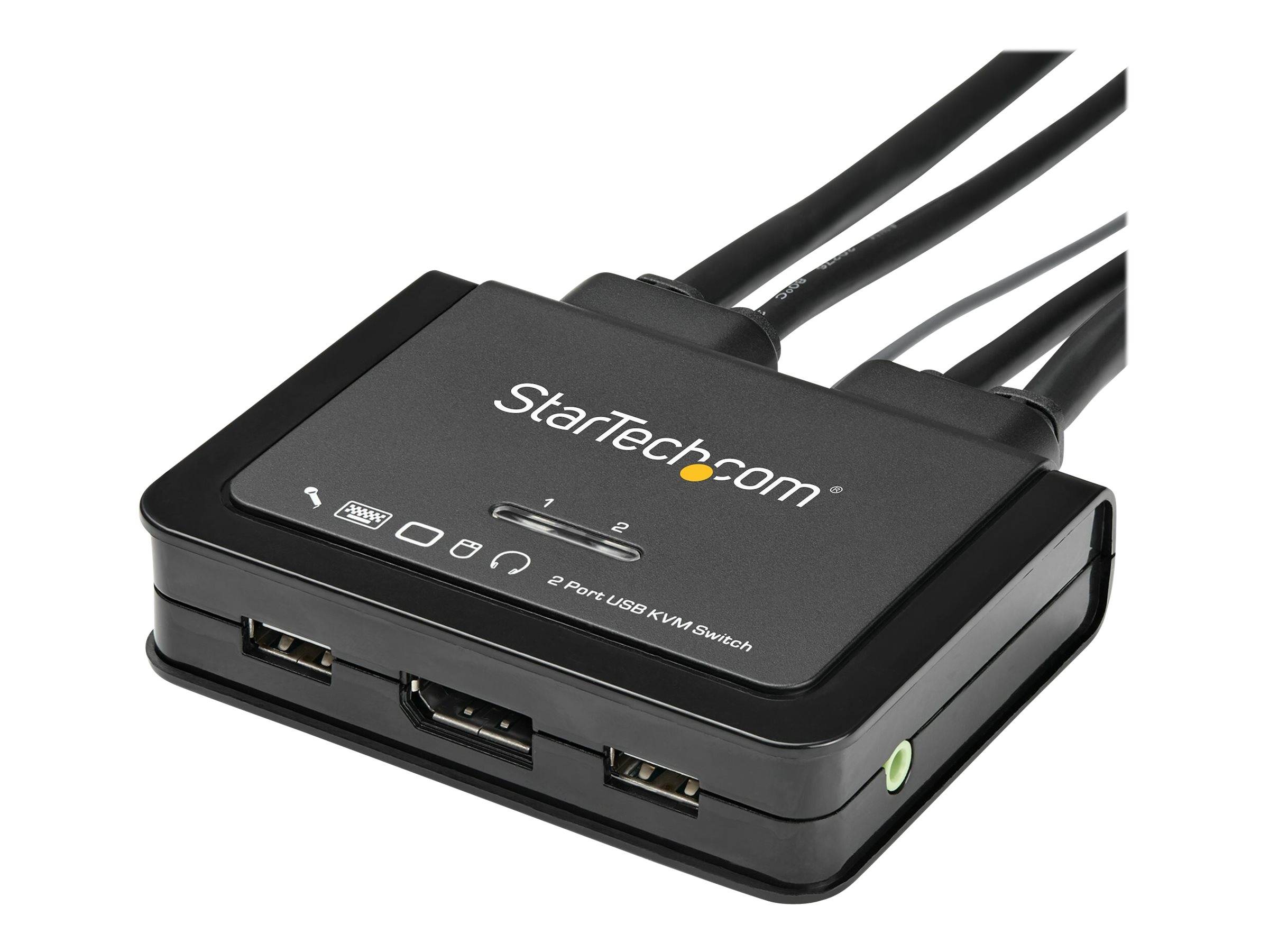 StarTech.com 2-Port USB DisplayPort KVM Switch - 4K 60 Hz - UHD DP 1.2 USB-KVM Umschalter mit 1,2 m Kabel & Audio - Bus-powered & remote switching