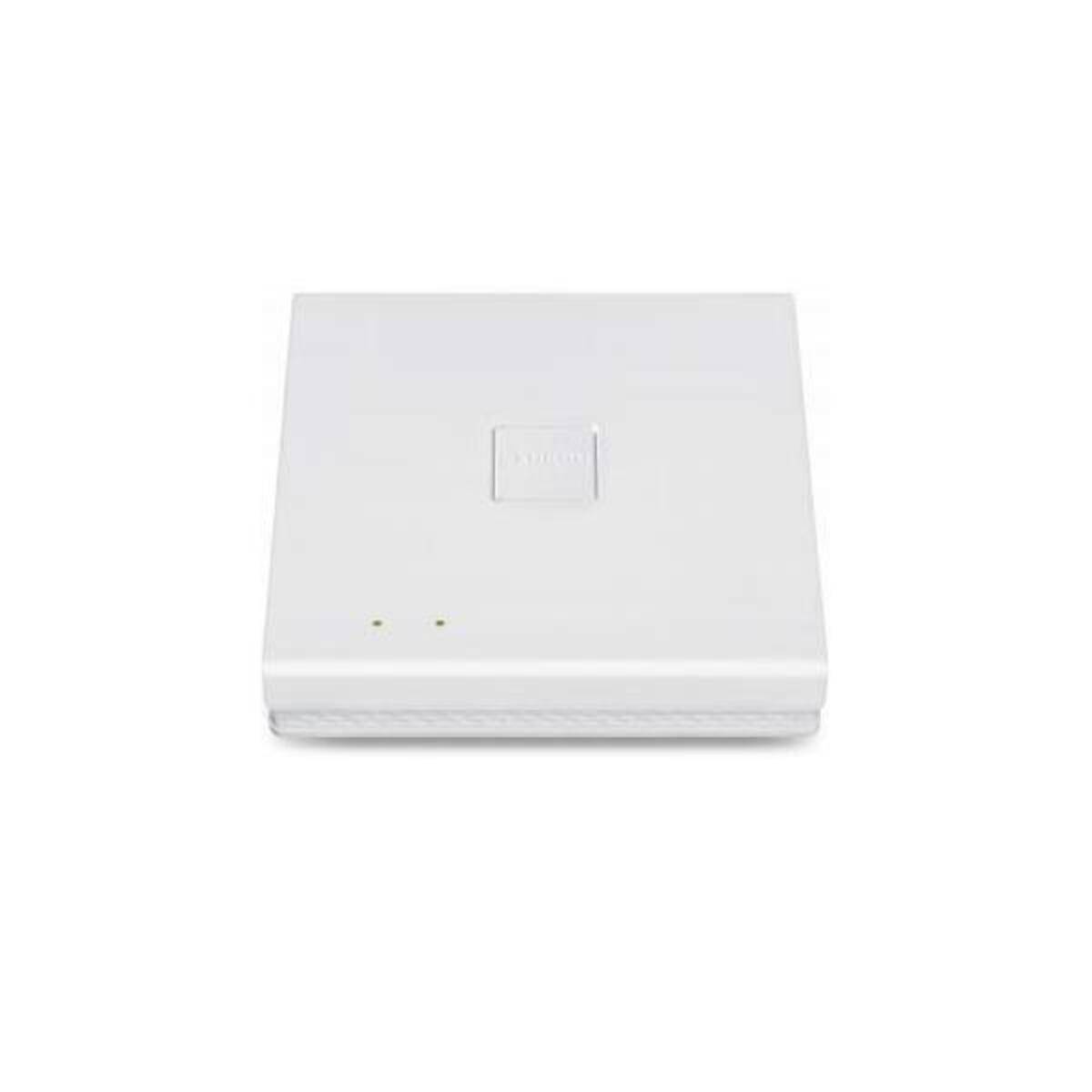 Weißes quadratisches kabelloses Zugriffspunkt-/Router-Gerät mit kleinen Anzeigeleuchtdioden und zentriertem Logo auf einfachem Hintergrund