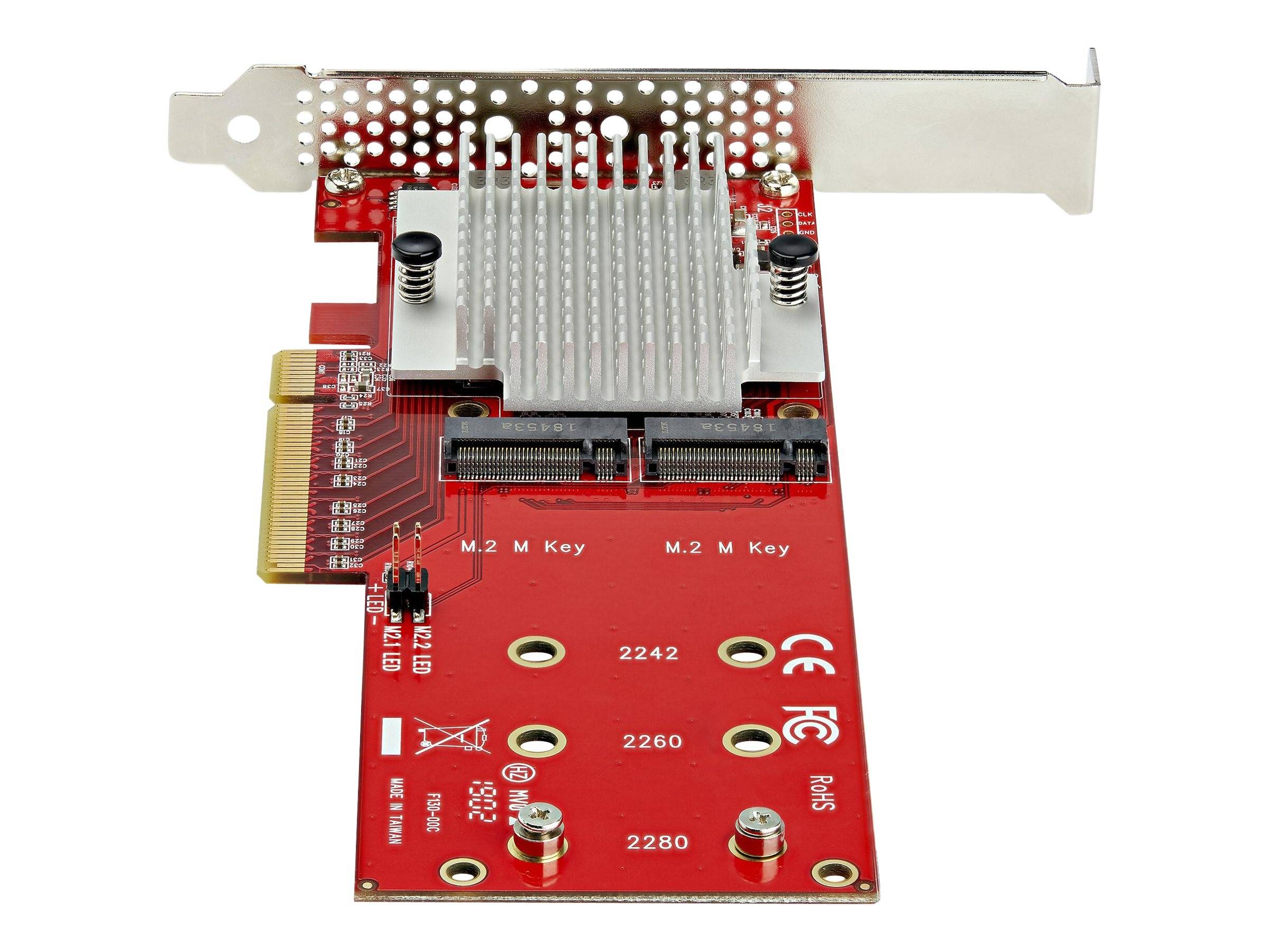 Rote PCIe-Erweiterungskarte mit silbernem Kühlkörper und zwei M.2 M-Schlüssel-SSD-Steckplätzen für 2242-, 2260- und 2280-Laufwerke.