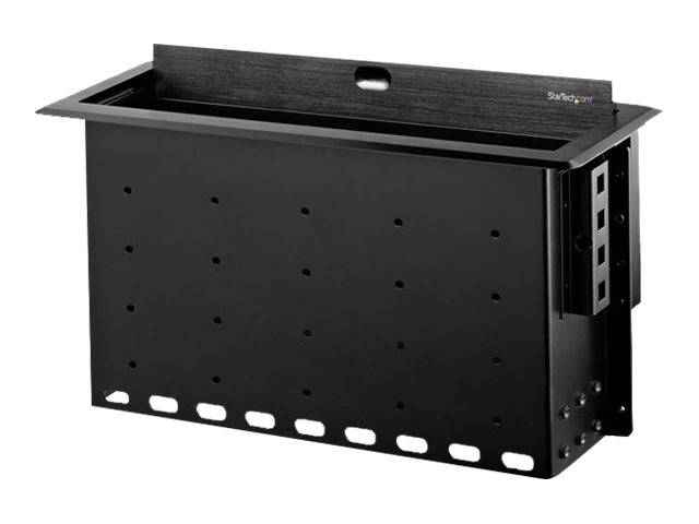 Schwarze In-Wall-Kabelorganizer-Box aus Metall mit Oberöffnung, Montageflansch und seitlichen Bracket-Anschlüssen für versteckte TV- oder AV-Verkabelung