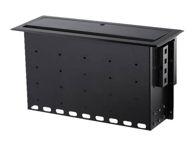 Schwarze Metall-Bodendose mit aufklappbarem Deckel und Kabel-/Anschlussöffnungen entlang der unteren Kante, gezeigt auf weißem Hintergrund