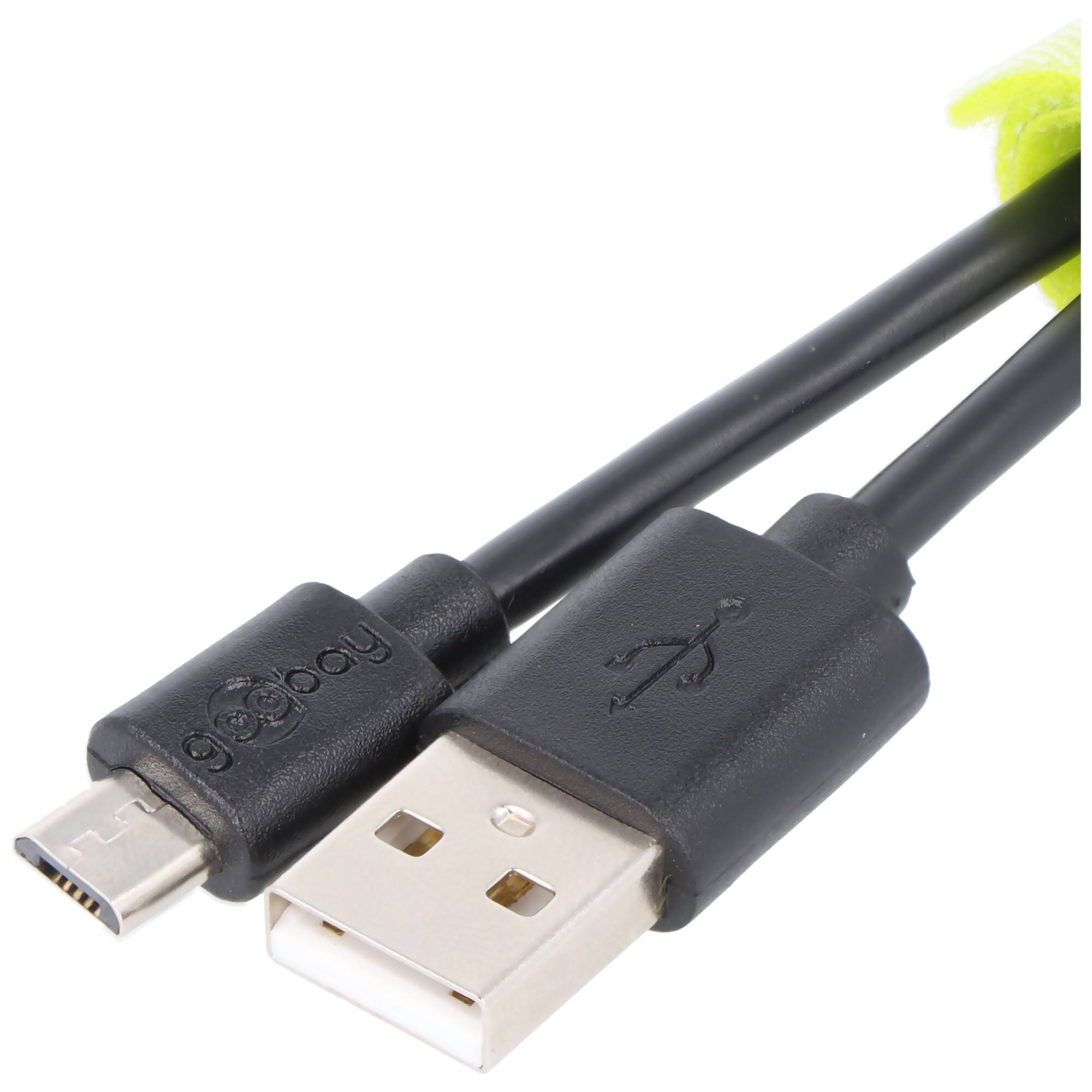 Nahaufnahme eines schwarzen USB-A-auf-Micro-USB-Ladekabel-Steckers auf weißem Hintergrund.