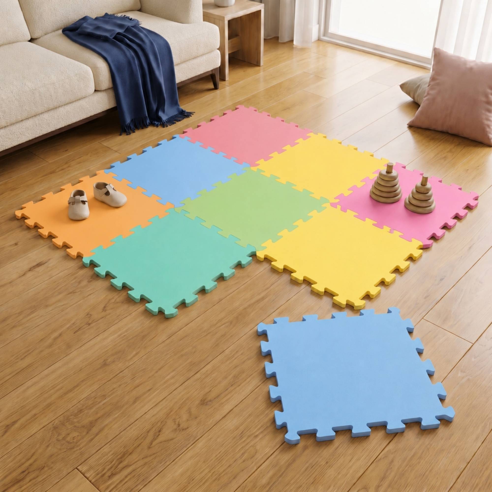 Bunte Schaumstoff-Puzzlematten, die auf einem Holzboden angeordnet sind, mit einem Paar Schuhe und Stapelringen oben drauf, was auf einen Kinderspielbereich hindeutet.