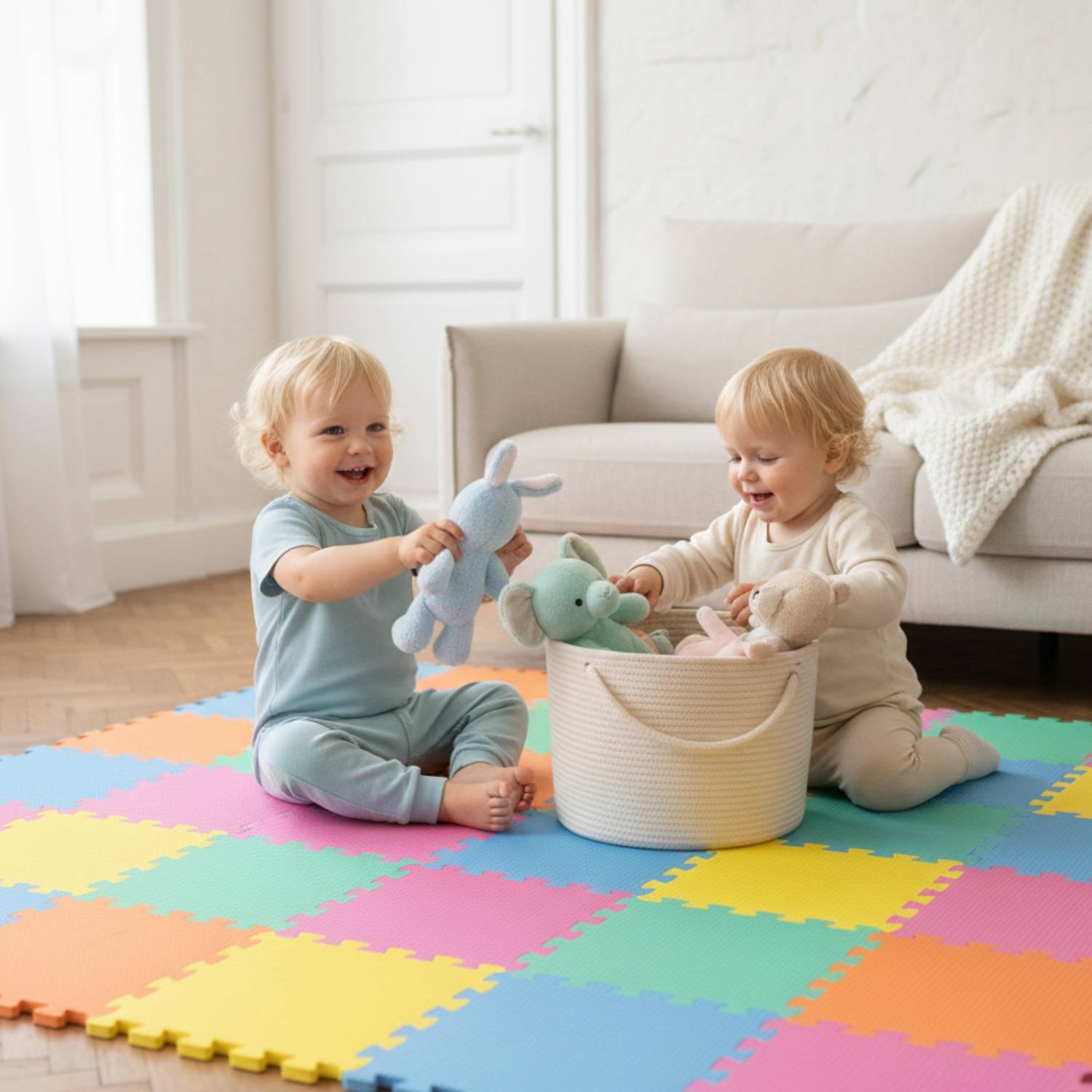 Zwei Kleinkinder spielen auf einer farbenfrohen Schaumstoffmatte in einem Wohnzimmer, lächeln und interagieren mit Plüschtieren aus einem Korb.